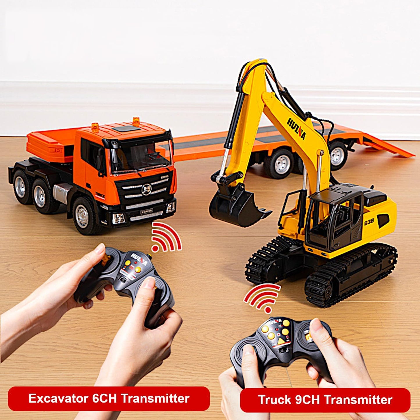 2-Set Alloy RC Truck Crawler Excavator 1/24, 9CH Semi-Trailer, 6CH Track Construction Engine Vehicle, Sound Lights Metal Visor Toy, 2.4G Radio Control Tractor Play, Kid Boy Gift Adult Hobby