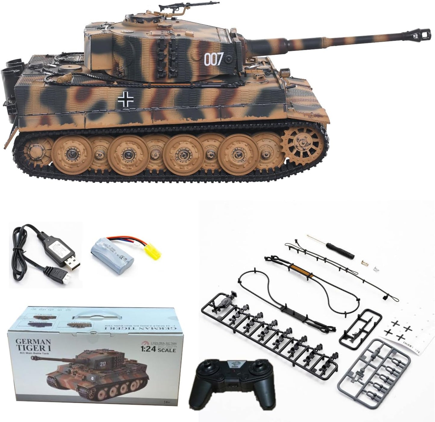 German Tiger I Heavy Tank, 1/24 Infrared IR Combat Panzer RTR 2.4Ghz RC Armored Vehicle, Taigen 3841-11-L-C Late Version Airbrush Paint, Sound Light Recoil WWII Military Model, Camouflage