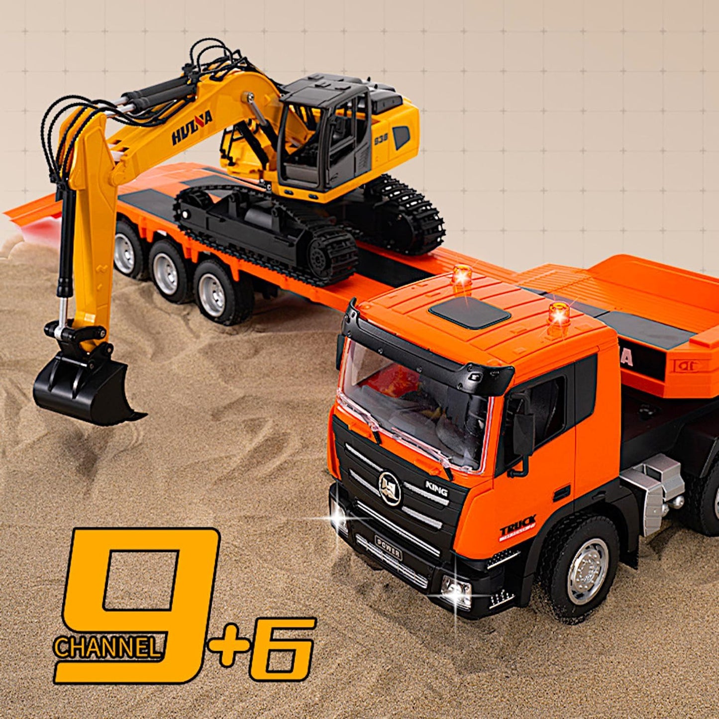 2-Set Alloy RC Truck Crawler Excavator 1/24, 9CH Semi-Trailer, 6CH Track Construction Engine Vehicle, Sound Lights Metal Visor Toy, 2.4G Radio Control Tractor Play, Kid Boy Gift Adult Hobby