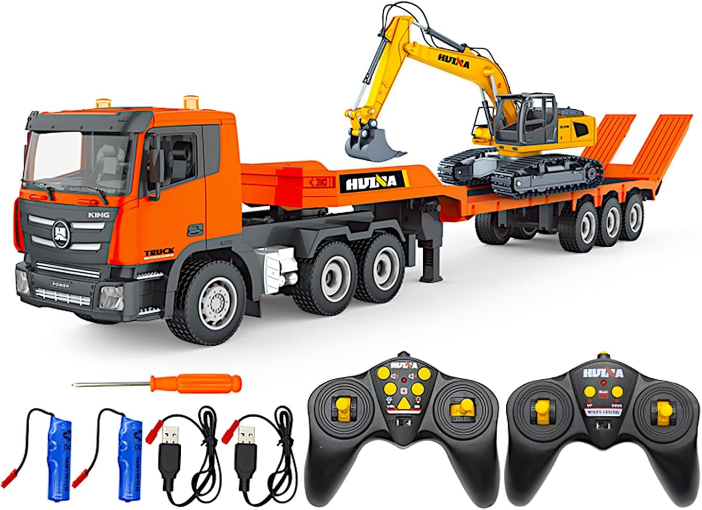 2-Set Alloy RC Truck Crawler Excavator 1/24, 9CH Semi-Trailer, 6CH Track Construction Engine Vehicle, Sound Lights Metal Visor Toy, 2.4G Radio Control Tractor Play, Kid Boy Gift Adult Hobby