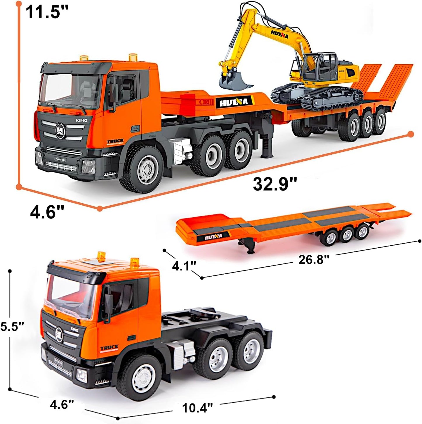 2-Set Alloy RC Truck Crawler Excavator 1/24, 9CH Semi-Trailer, 6CH Track Construction Engine Vehicle, Sound Lights Metal Visor Toy, 2.4G Radio Control Tractor Play, Kid Boy Gift Adult Hobby