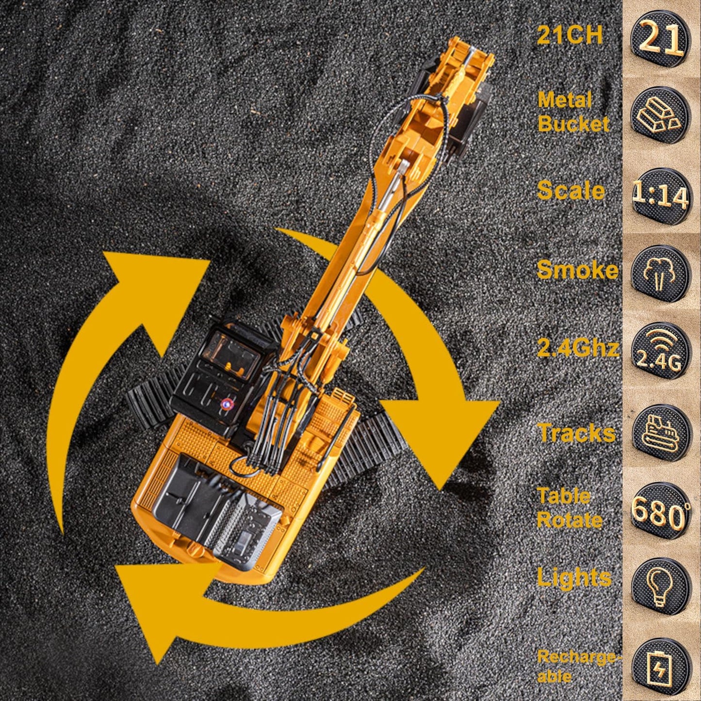 21CH Alloy RC Track Excavator 1/14, Steam Crawler Metal Bucket Construction Vehicle Model, Smoke Sound Lights, 2.4G Radio Control Truck Toy, Demo Play Civil Engine, Kid Boy Gift Adult Hobby