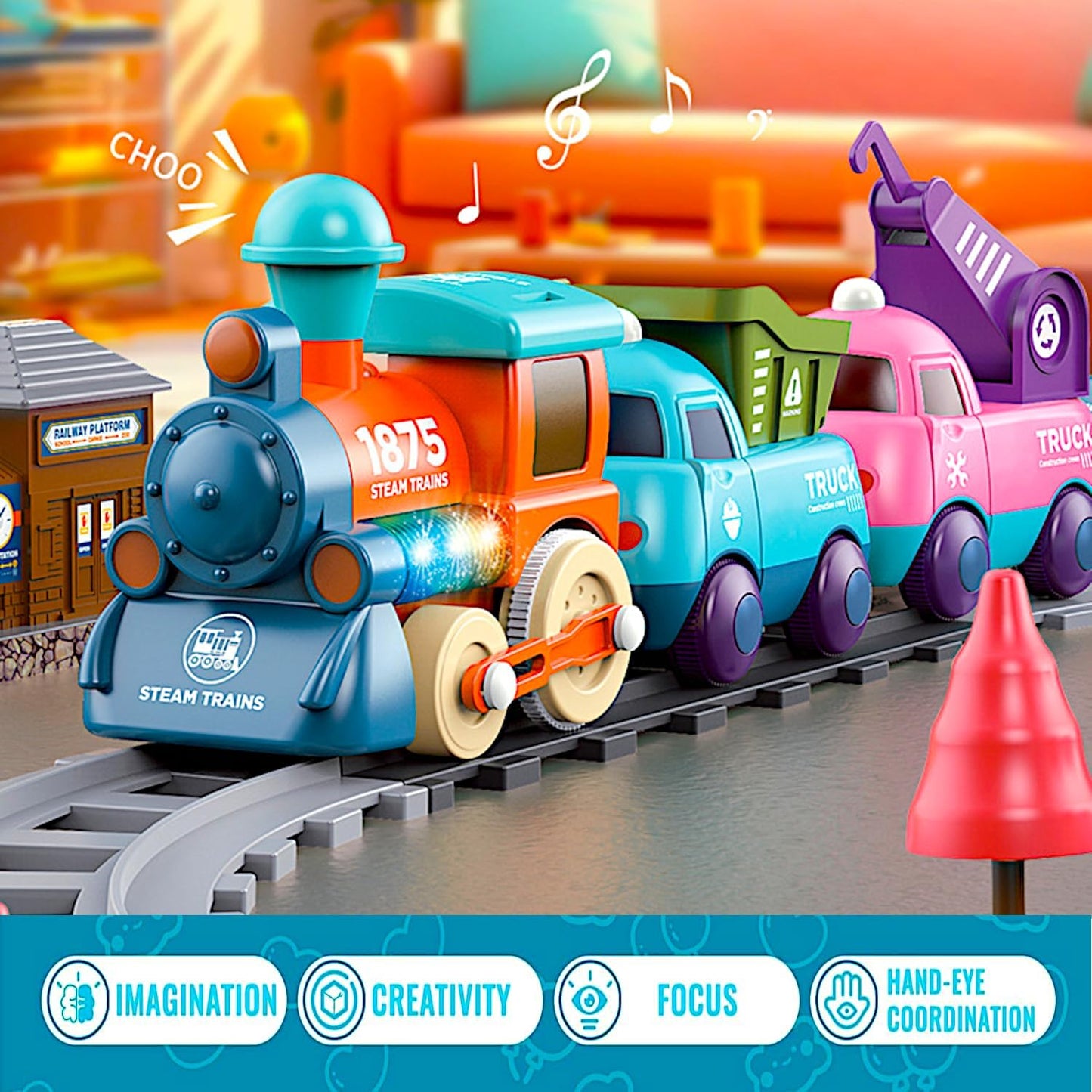 Cartoon Train Set, Electric Music Lighting Locomotive, STEM Toy Engine Truck Kids Tracks Rail, Boys Girls Christmas Birthday Gifts, Children Education Play Railway Model