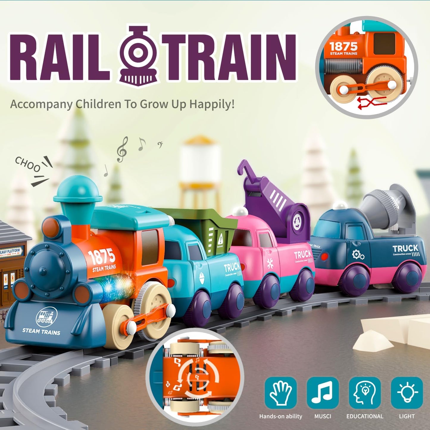 Cartoon Train Set, Electric Music Lighting Locomotive, STEM Toy Engine Truck Kids Tracks Rail, Boys Girls Christmas Birthday Gifts, Children Education Play Railway Model