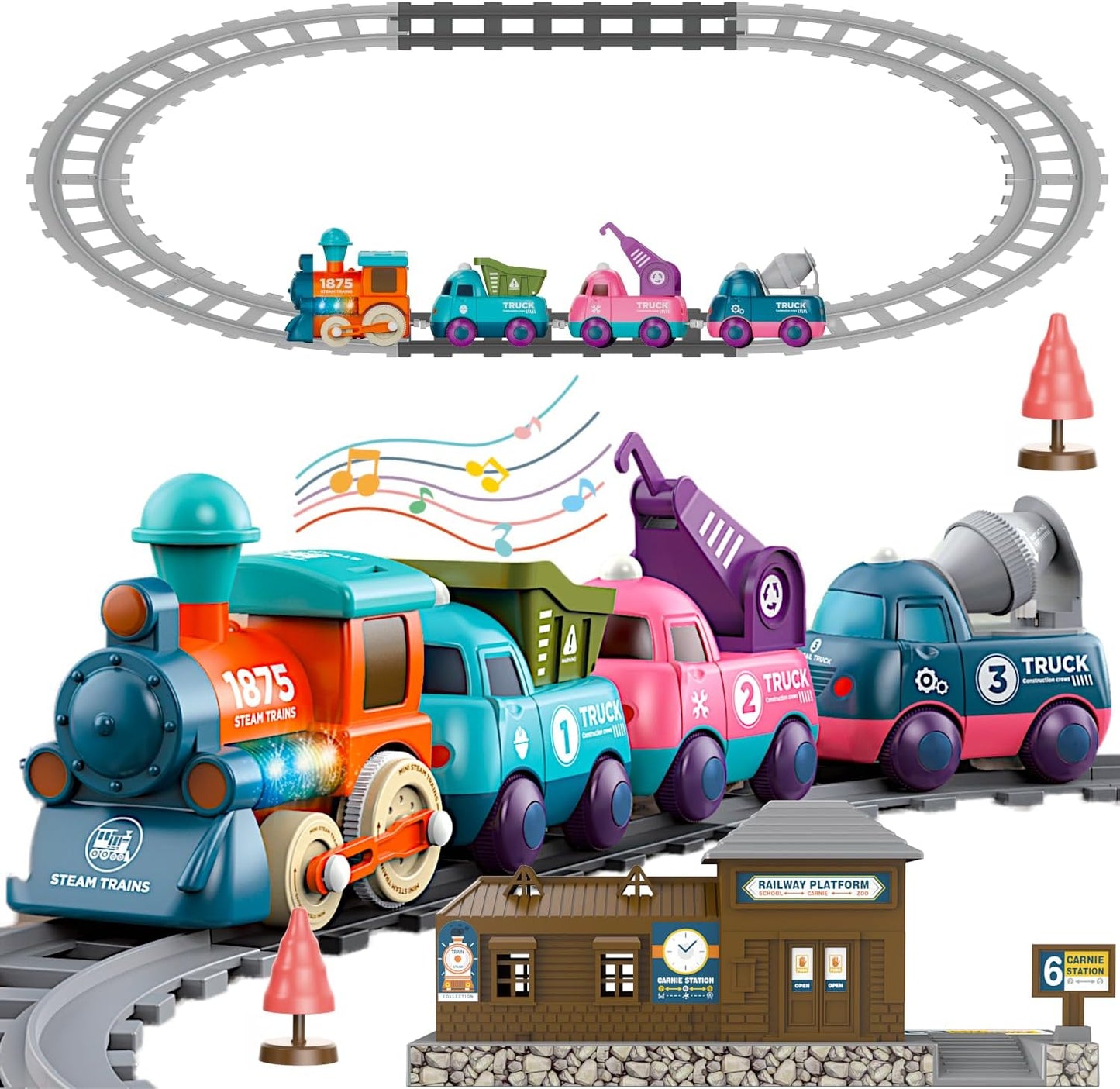 Cartoon Train Set, Electric Music Lighting Locomotive, STEM Toy Engine Truck Kids Tracks Rail, Boys Girls Christmas Birthday Gifts, Children Education Play Railway Model