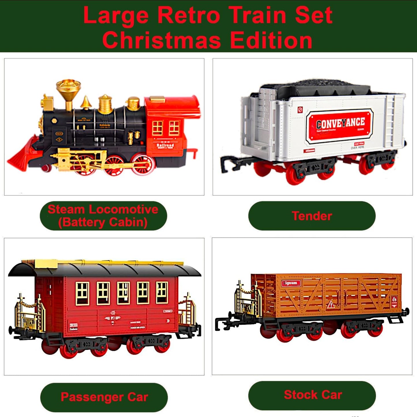 Large Retro Steam Train Set, Christmas Deco Tree Rail Tracks Electric Toy, Locomotive Tender Passenger Cargo, Smoke Sound Light Play, Kids Boys Girls Model Gift Adult Classic Collection