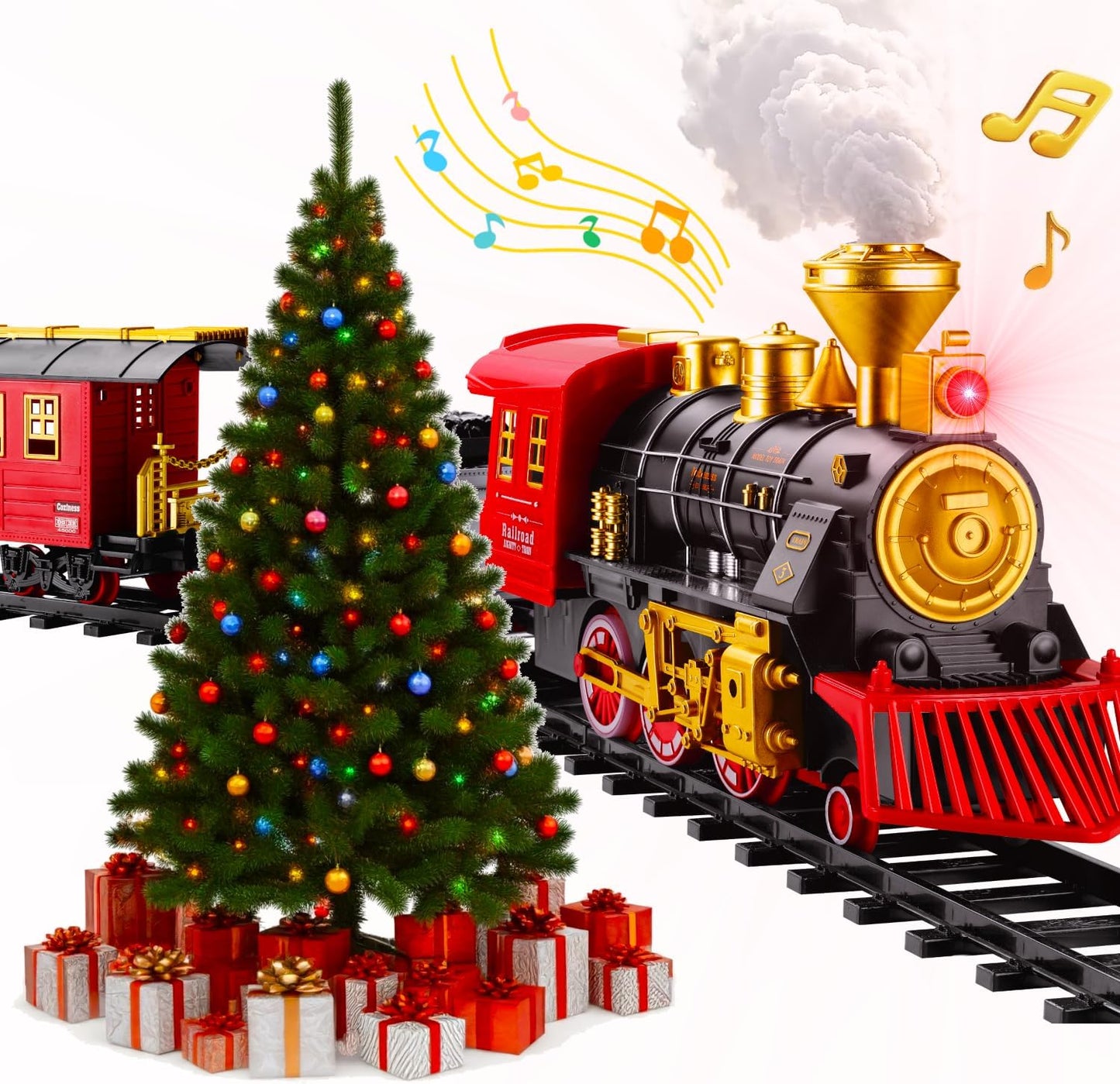 Large Retro Steam Train Set, Christmas Deco Tree Rail Tracks Electric Toy, Locomotive Tender Passenger Cargo, Smoke Sound Light Play, Kids Boys Girls Model Gift Adult Classic Collection