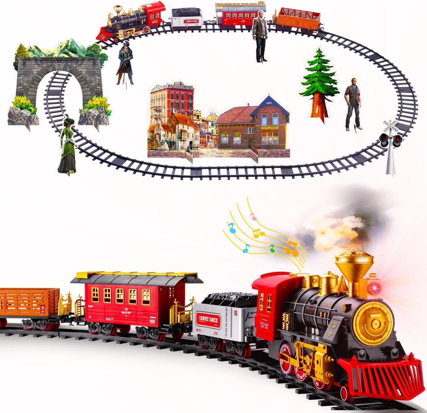 Large Retro Steam Train Set, Christmas Deco Tree Rail Tracks Electric Toy, Locomotive Tender Passenger Cargo, Smoke Sound Light Play, Kids Boys Girls Model Gift Adult Classic Collection