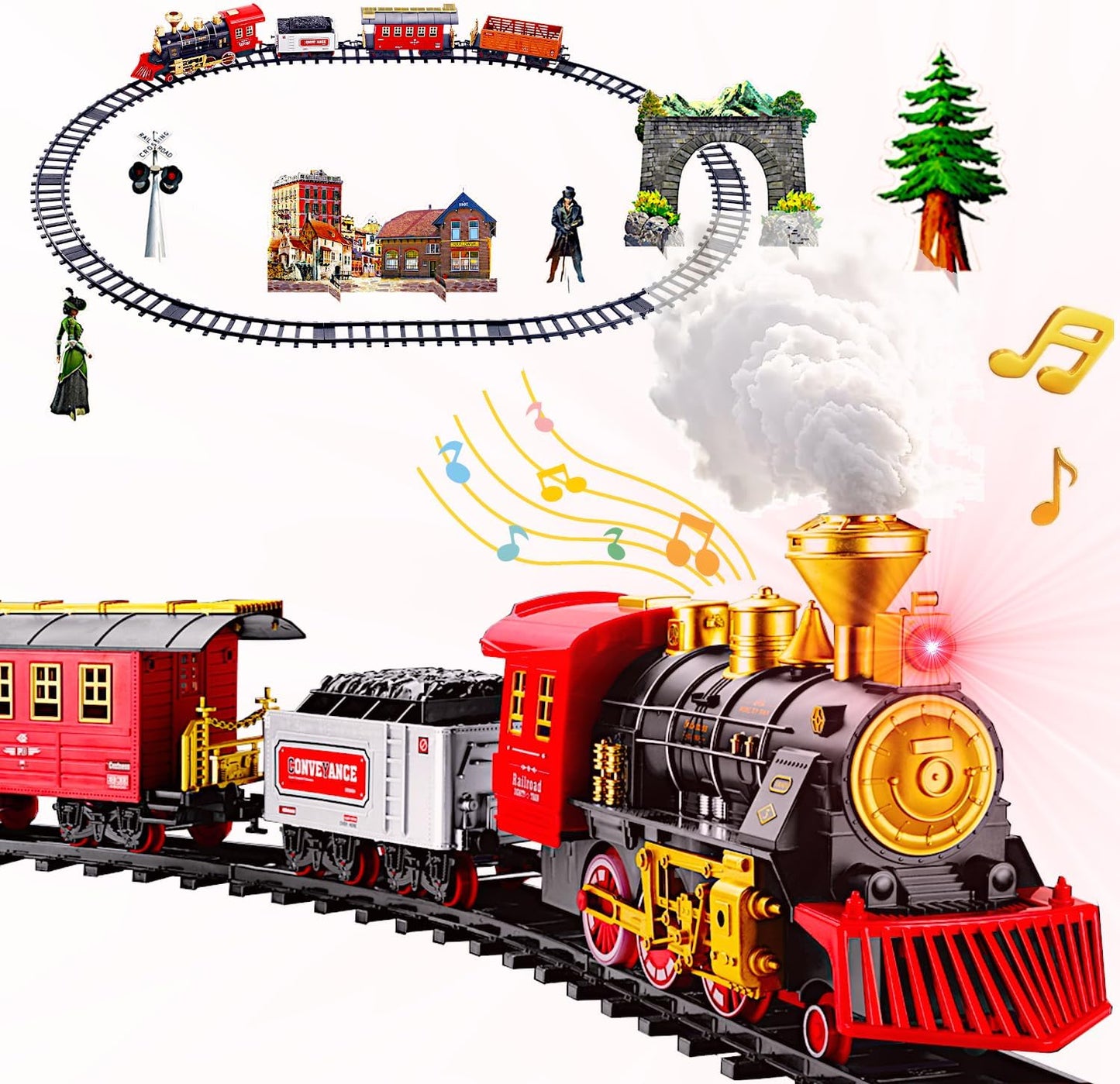 Large Retro Steam Train Set, Christmas Deco Tree Rail Tracks Electric Toy, Locomotive Tender Passenger Cargo, Smoke Sound Light Play, Kids Boys Girls Model Gift Adult Classic Collection