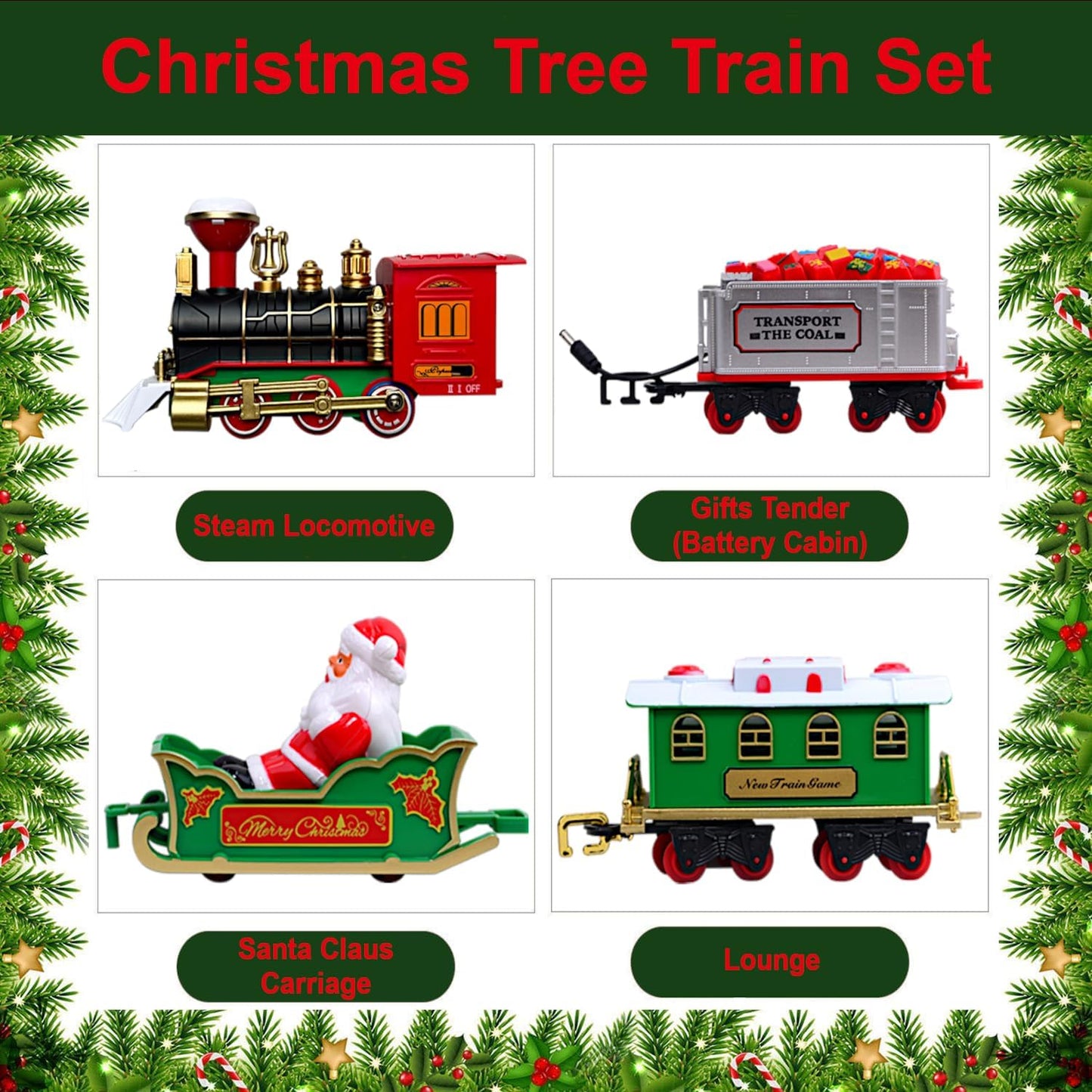 Christmas Hanging Train Set, On Tree Tracks Underneath Railway, Retro Locomotive Tender Lounge Santa-Carriage, Smoke Sound Light, Kids Electric Toy Model, Classic Gift Holiday Decor