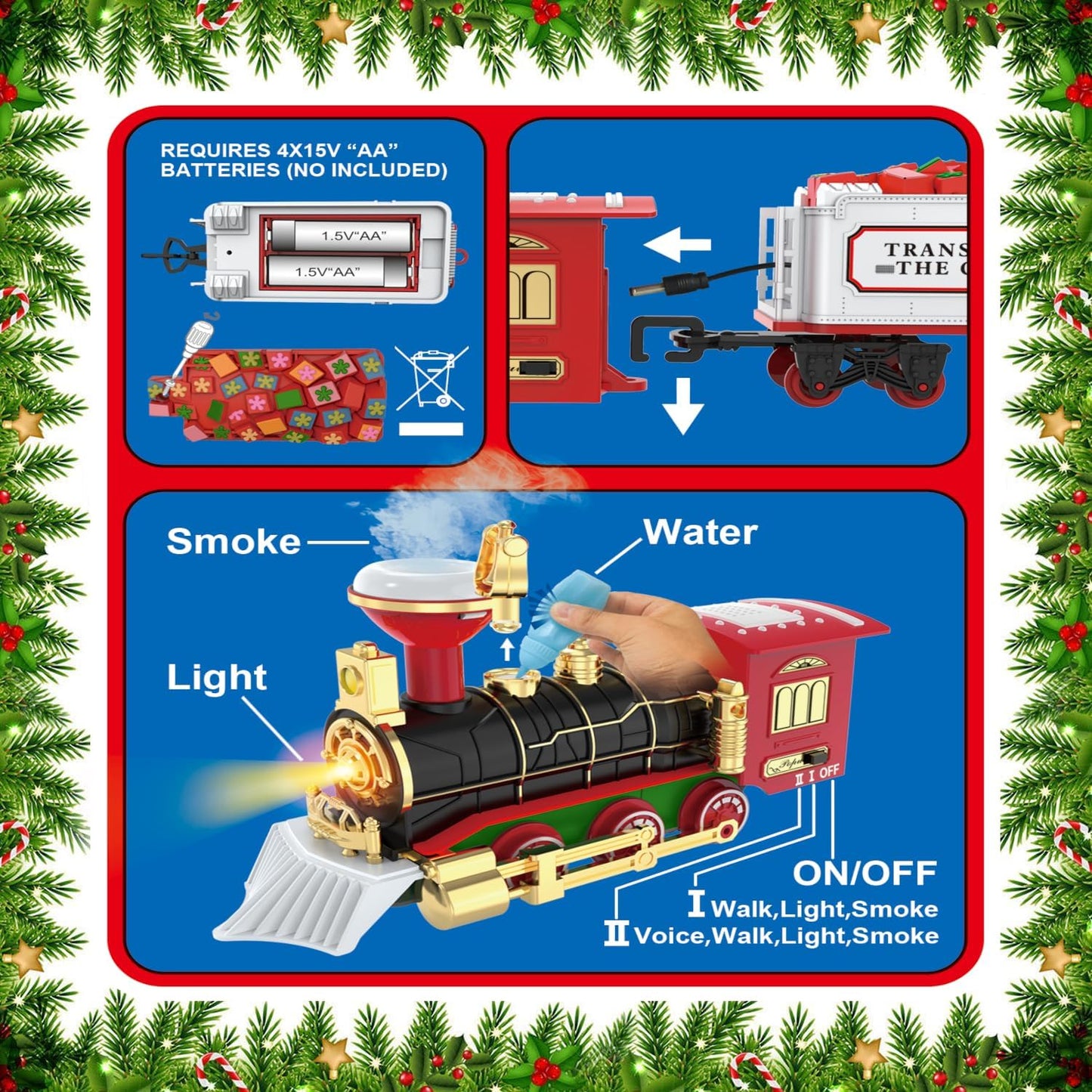Christmas Hanging Train Set, On Tree Tracks Underneath Railway, Retro Locomotive Tender Lounge Santa-Carriage, Smoke Sound Light, Kids Electric Toy Model, Classic Gift Holiday Decor