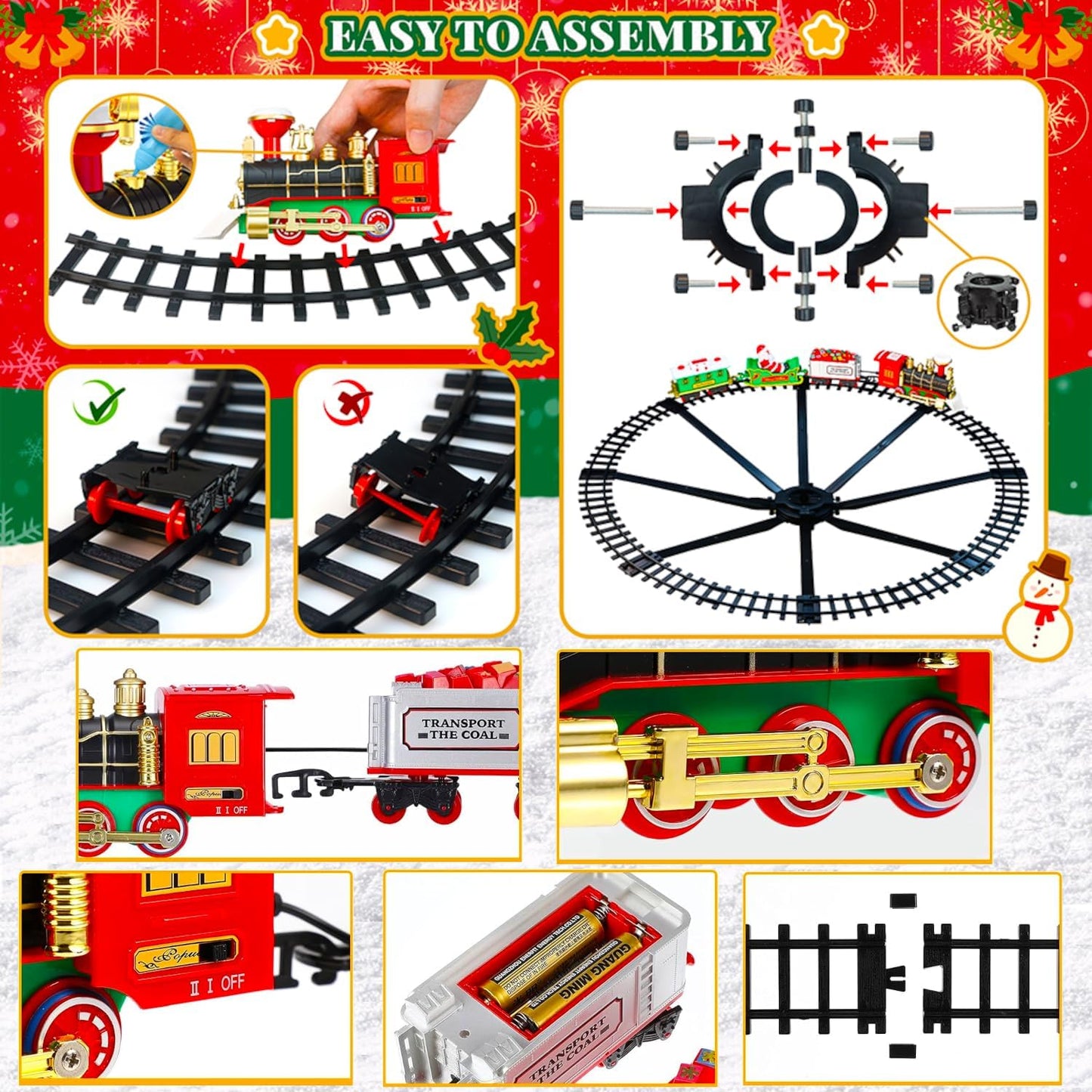 Christmas Hanging Train Set, On Tree Tracks Underneath Railway, Retro Locomotive Tender Lounge Santa-Carriage, Smoke Sound Light, Kids Electric Toy Model, Classic Gift Holiday Decor