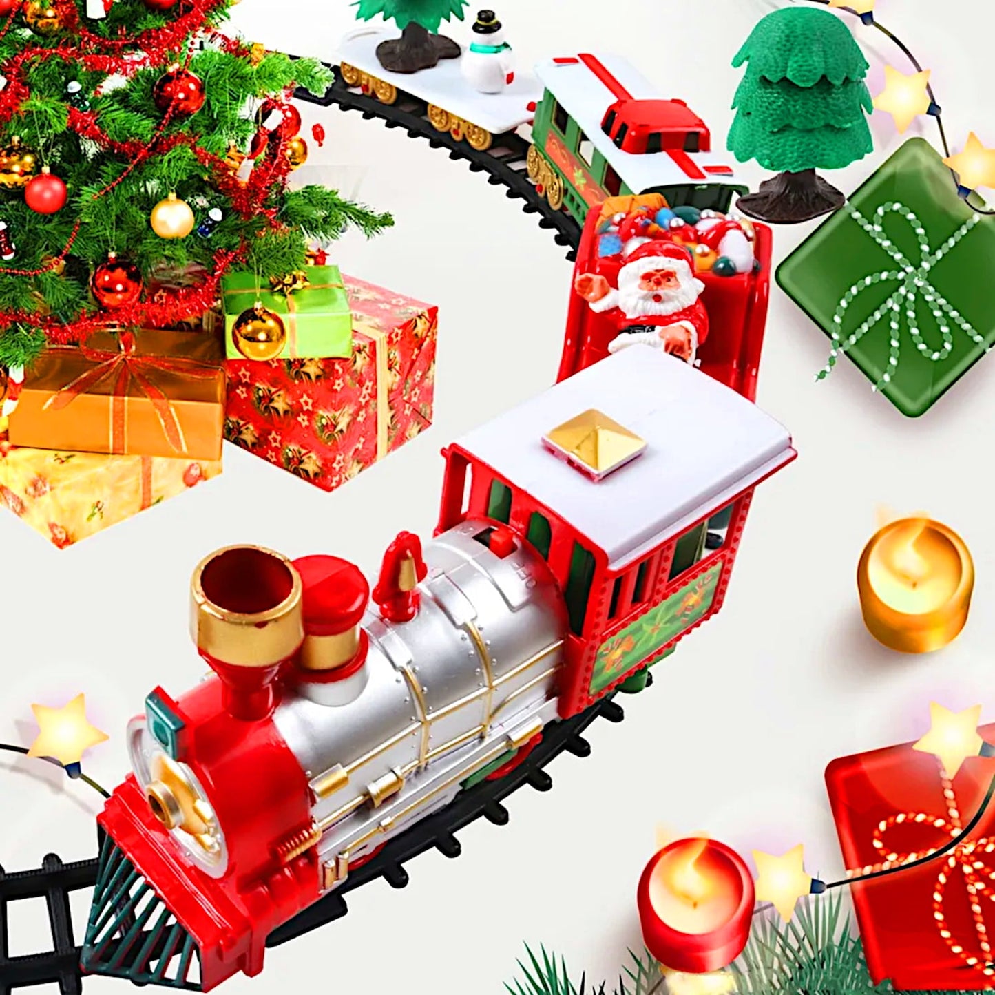 POCO DIVO Christmas Tree Music Train Set, Xmas Sounds Light Locomotive, 22pcs Electric Engine Railway Track Playset, Kids Gifts Express Cargo Toy Rail, Snowman Carriage Santa Clause Sleigh