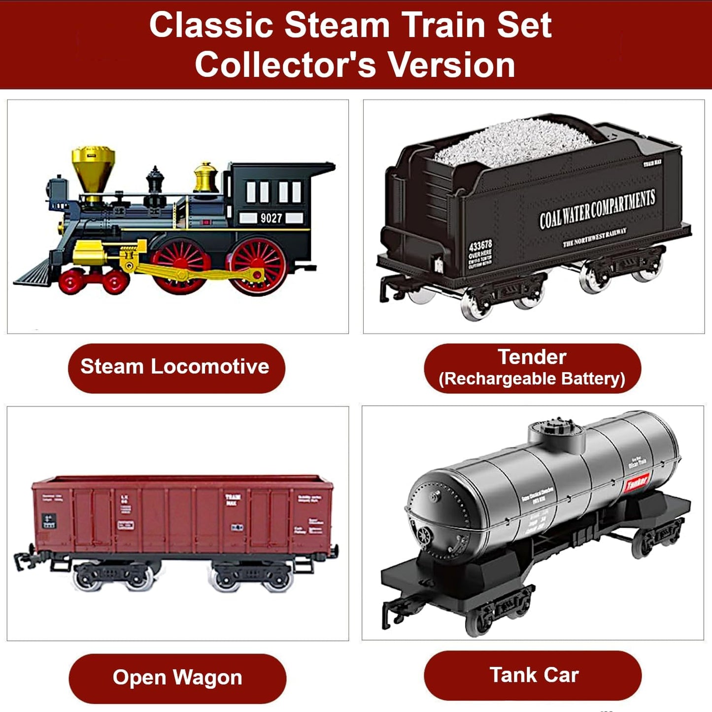 Remote Control Retro Train Set, Christmas Tree Deco Electric Toy Luxury Tracks Rail, RC Steam Locomotive, Rechargeable Tender Cargo, Smoke Sound Light, Boy Girl Gift Classic Collection Model
