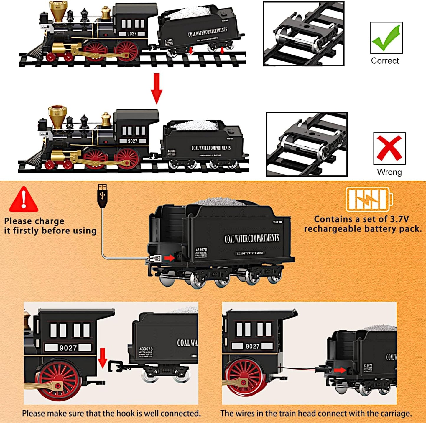 Remote Control Retro Train Set, Christmas Tree Deco Electric Toy Luxury Tracks Rail, RC Steam Locomotive, Rechargeable Tender Cargo, Smoke Sound Light, Boy Girl Gift Classic Collection Model