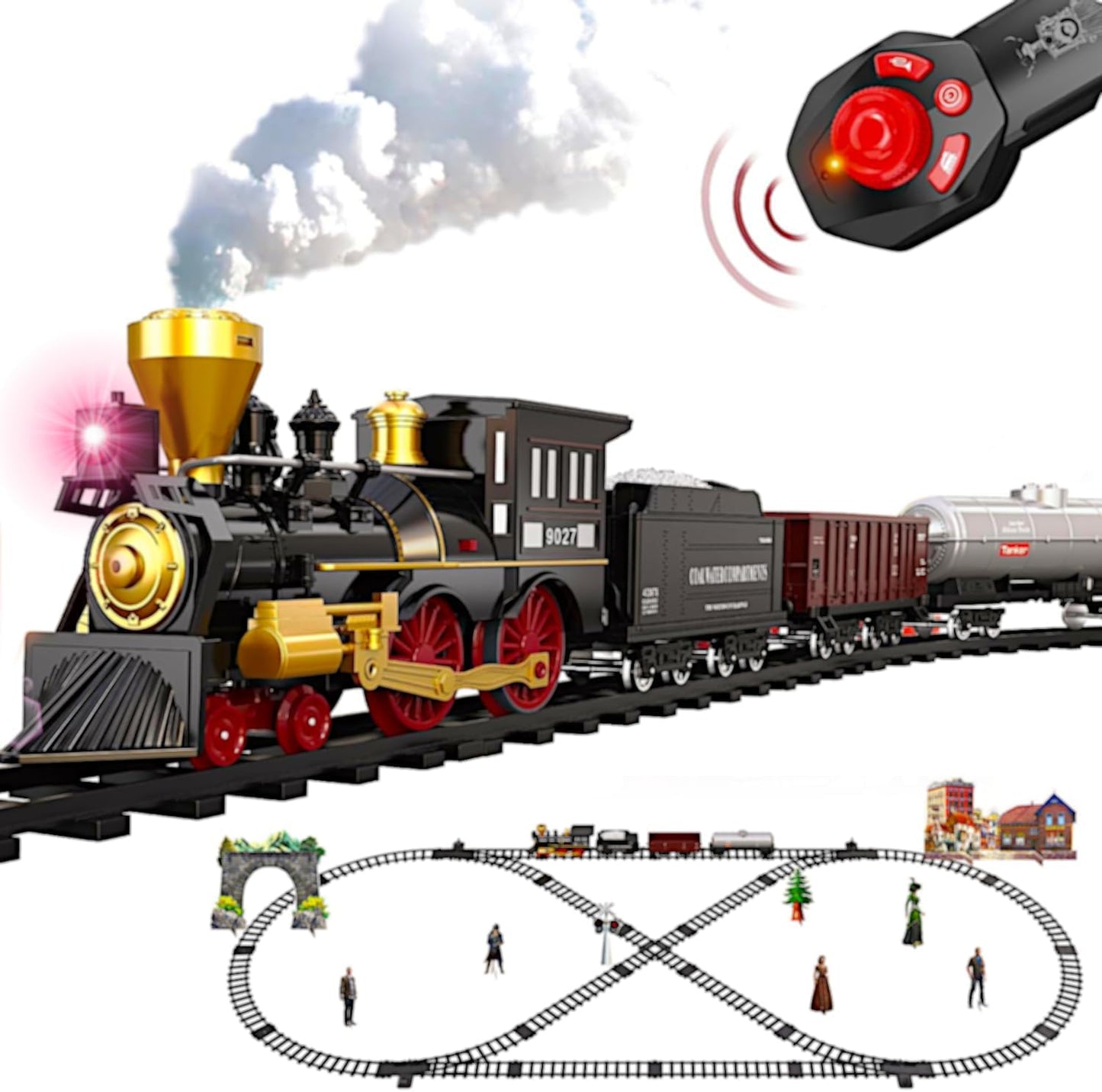 Remote Control Retro Train Set, Christmas Tree Deco Electric Toy Luxury Tracks Rail, RC Steam Locomotive, Rechargeable Tender Cargo, Smoke Sound Light, Boy Girl Gift Classic Collection Model