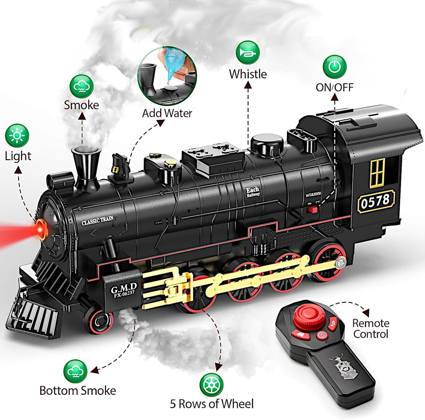 Radio Control Retro Cargo Train Set, Christmas Tree Deco Electric Toy Tracks Rail, RC Steam Locomotive, Tanker Tender Caboose, Smoke Sound Light, Boys Girls Gift Classic Collection Model