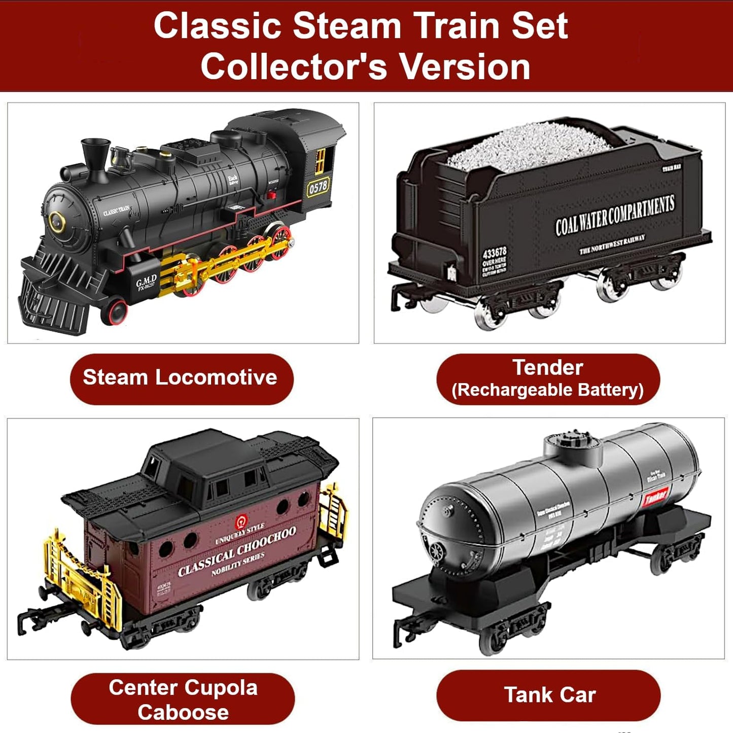 Radio Control Retro Cargo Train Set, Christmas Tree Deco Electric Toy Tracks Rail, RC Steam Locomotive, Tanker Tender Caboose, Smoke Sound Light, Boys Girls Gift Classic Collection Model