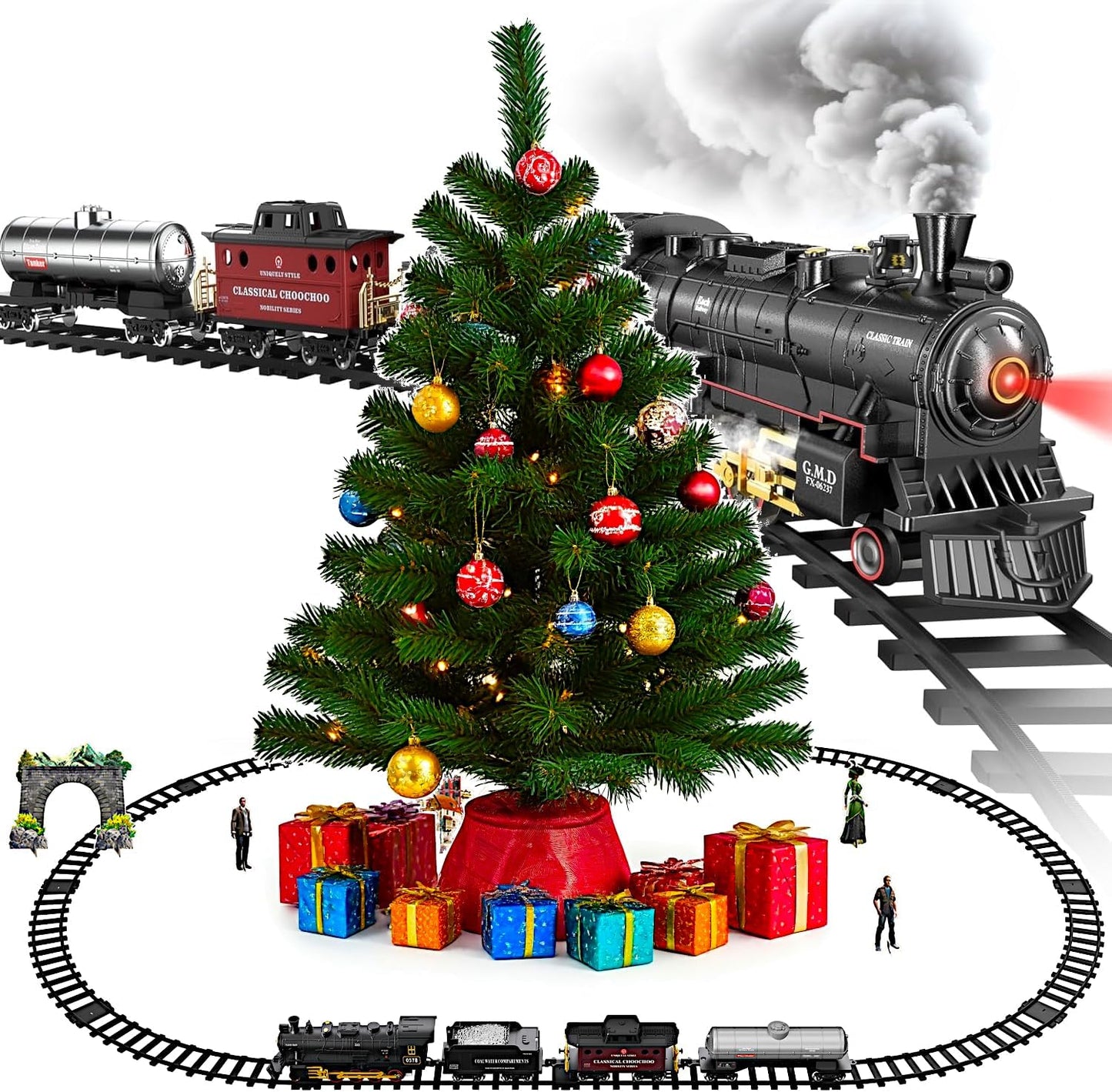 Radio Control Retro Cargo Train Set, Christmas Tree Deco Electric Toy Tracks Rail, RC Steam Locomotive, Tanker Tender Caboose, Smoke Sound Light, Boys Girls Gift Classic Collection Model