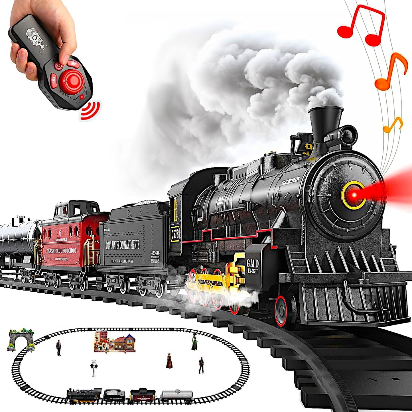 Radio Control Retro Cargo Train Set, Christmas Tree Deco Electric Toy Tracks Rail, RC Steam Locomotive, Tanker Tender Caboose, Smoke Sound Light, Boys Girls Gift Classic Collection Model