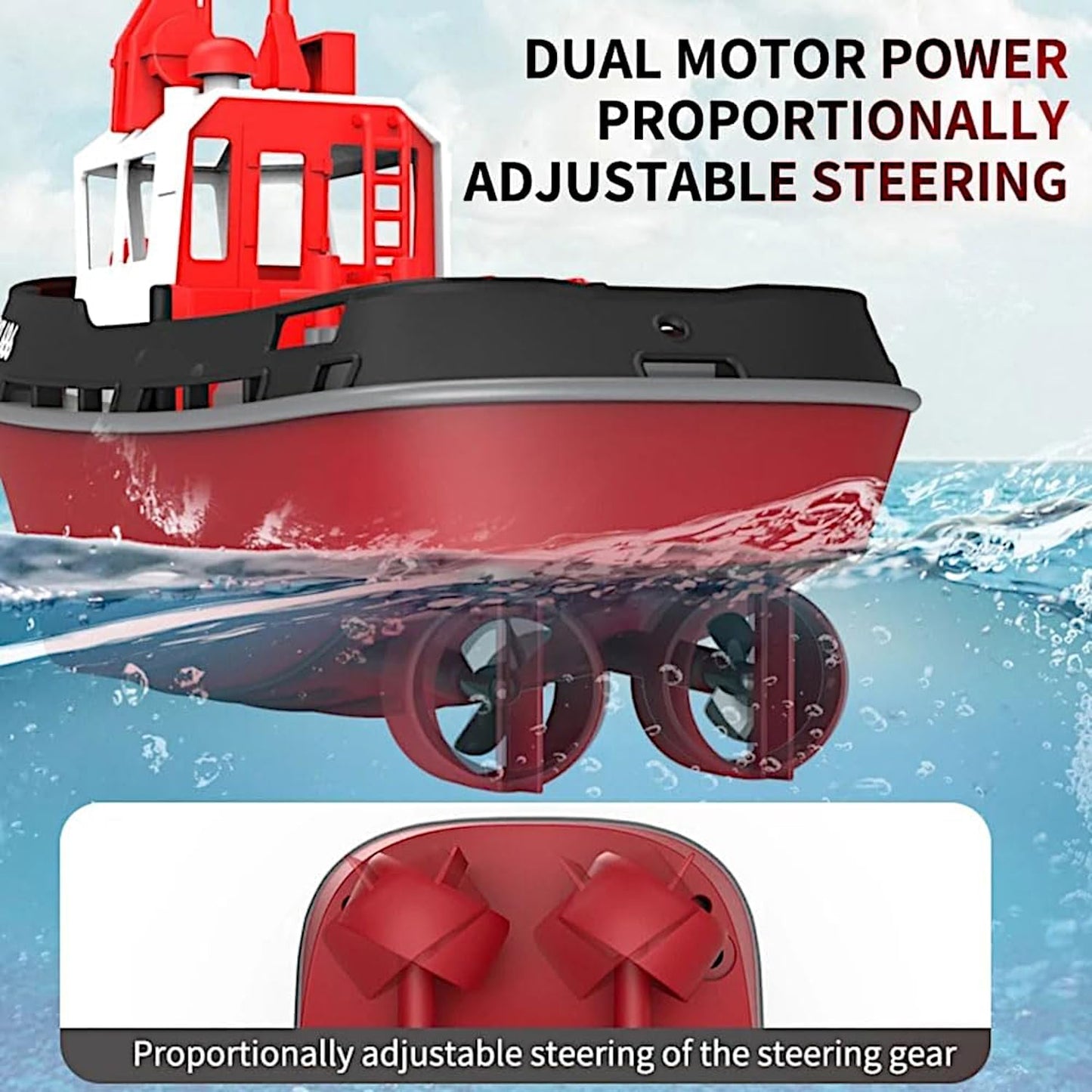 Cartoon Tugboat RC Boat, 1/72 Harbor Work Ship, Kids Lake Pond Toy Yacht, 2.4Ghz Radio Remote Control 15kmph Speed Pool Racer, Adults Water Fun Gifts, LED Night Sailing Cruise, Black-Red