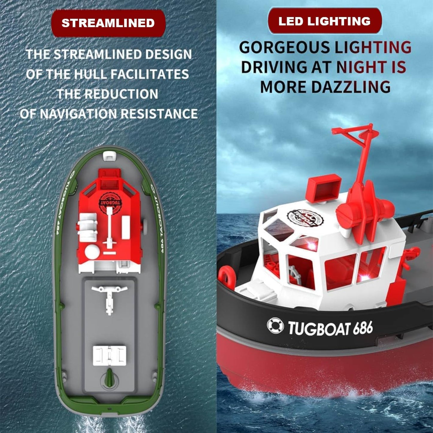 Cartoon Tugboat RC Boat, 1/72 Harbor Work Ship, Kids Lake Pond Toy Yacht, 2.4Ghz Radio Remote Control 15kmph Speed Pool Racer, Adults Water Fun Gifts, LED Night Sailing Cruise, Black-Red