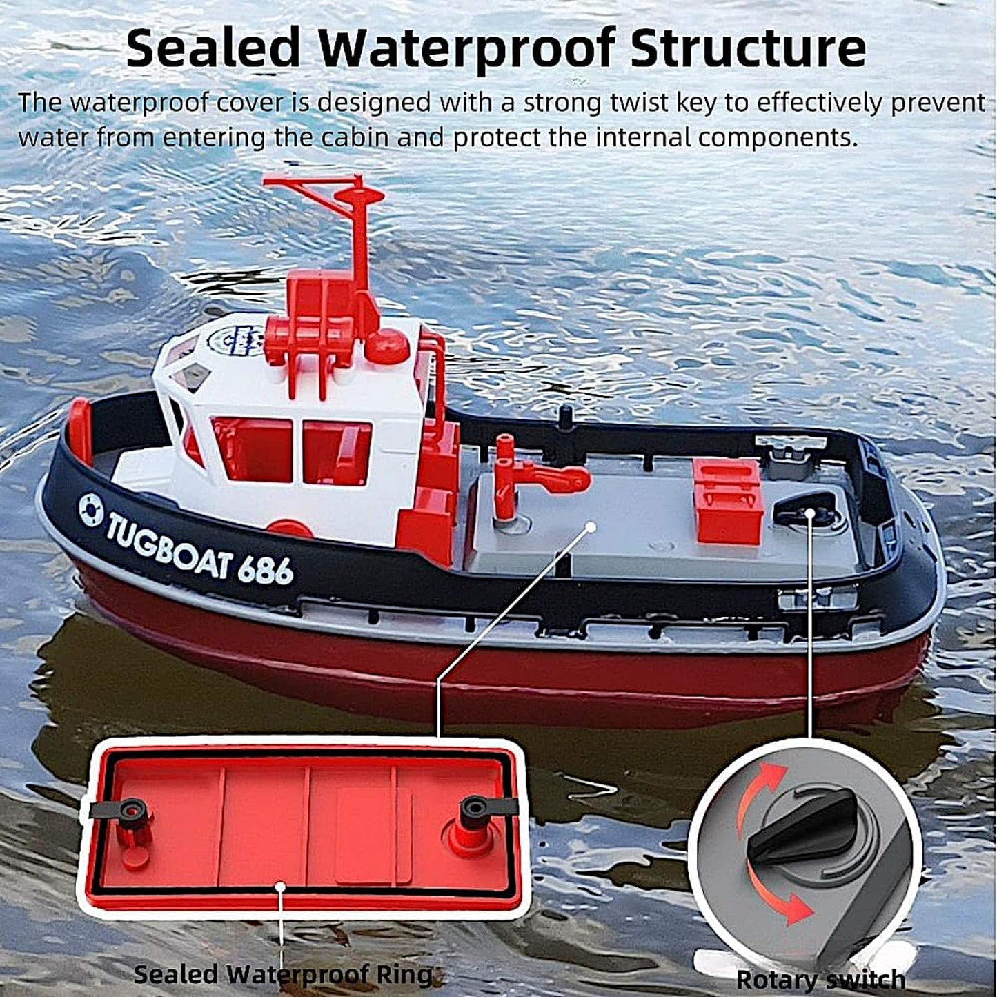 Cartoon Tugboat RC Boat, 1/72 Harbor Work Ship, Kids Lake Pond Toy Yacht, 2.4Ghz Radio Remote Control 15kmph Speed Pool Racer, Adults Water Fun Gifts, LED Night Sailing Cruise, Black-Red