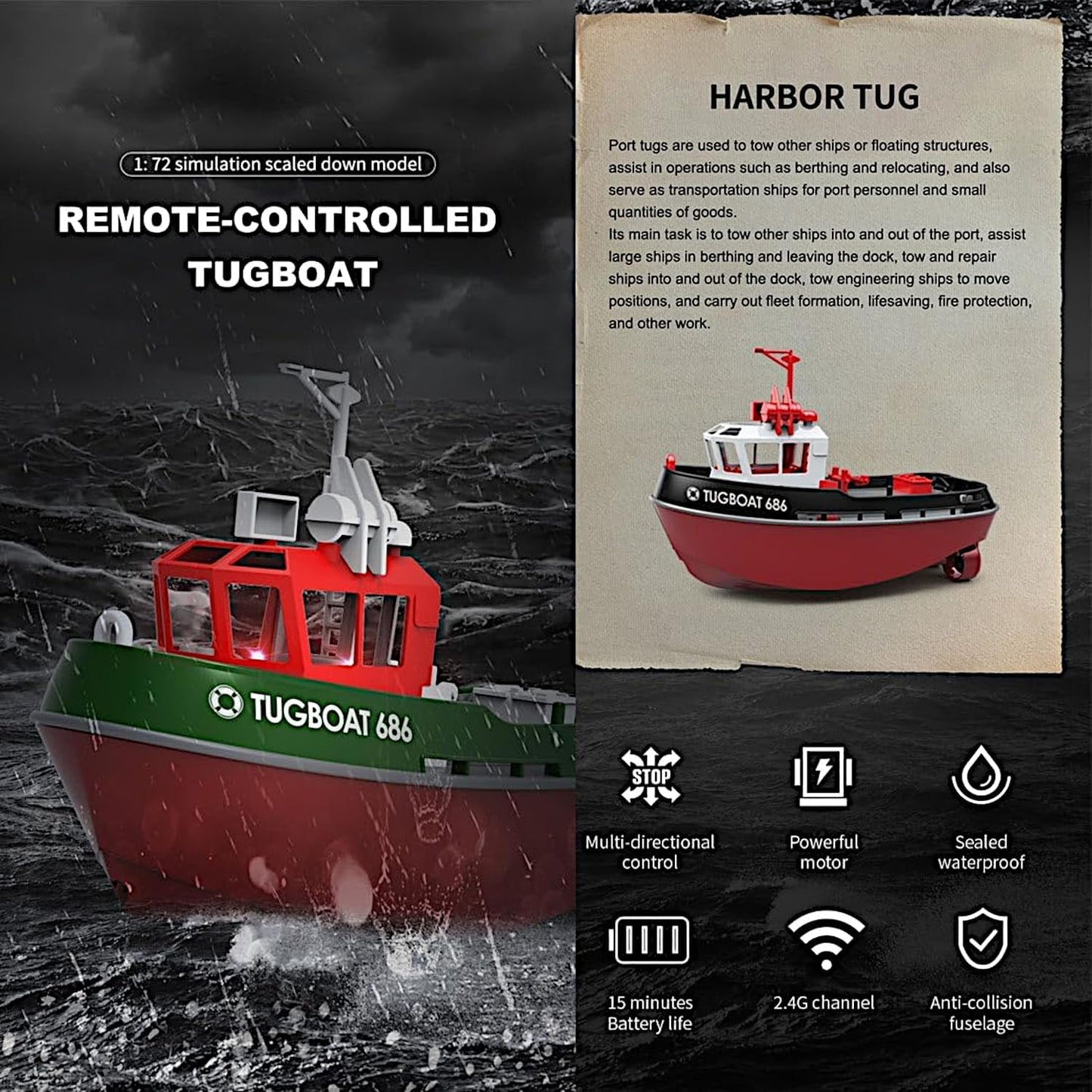 Cartoon Tugboat RC Boat, 1/72 Harbor Work Ship, Kids Lake Pond Toy Yacht, 2.4Ghz Radio Remote Control 15kmph Speed Pool Racer, Adults Water Fun Gifts, LED Night Sailing Cruise, Black-Red