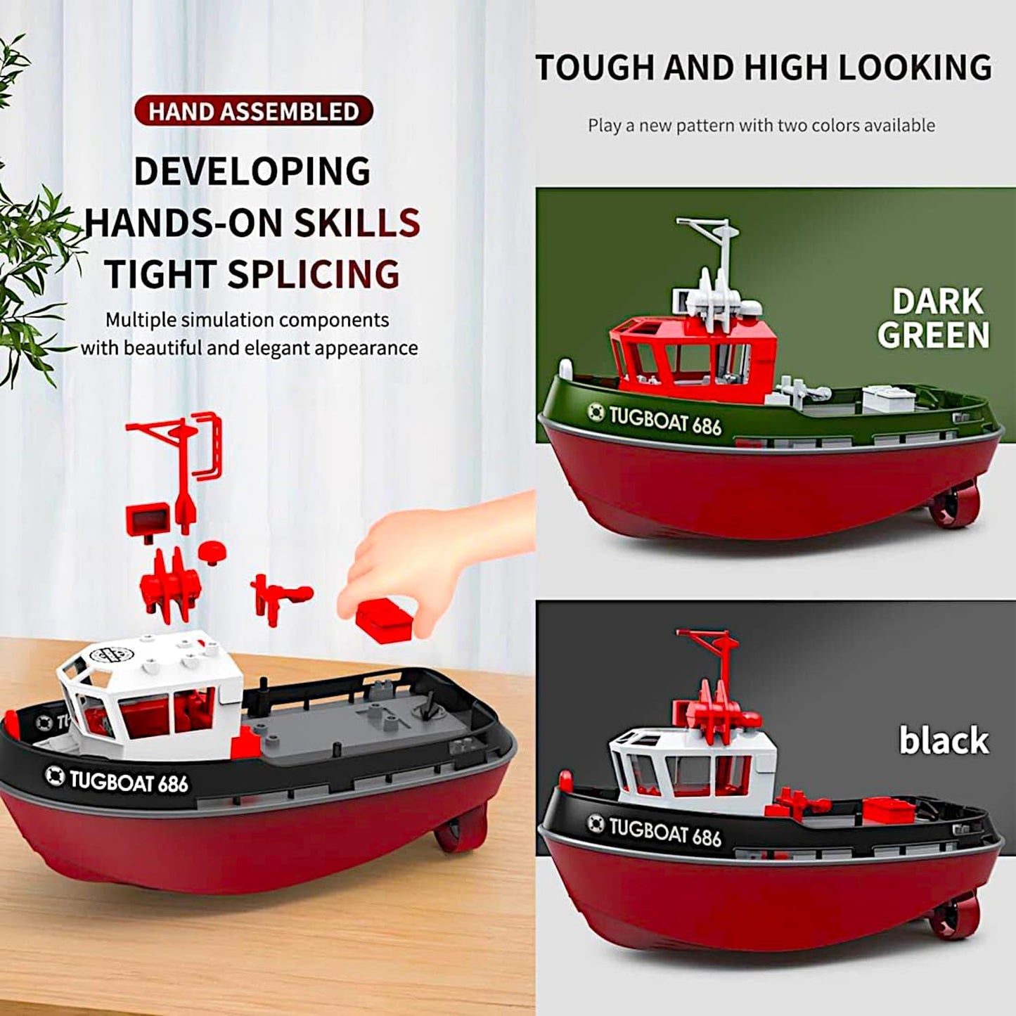 Cartoon Tugboat RC Boat, 1/72 Harbor Work Ship, Kids Lake Pond Toy Yacht, 2.4Ghz Radio Remote Control 15kmph Speed Pool Racer, Adults Water Fun Gifts, LED Night Sailing Cruise, Black-Red