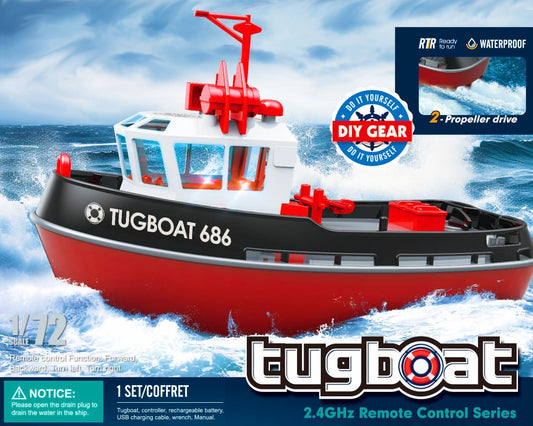 Cartoon Tugboat RC Boat, 1/72 Harbor Work Ship, Kids Lake Pond Toy Yacht, 2.4Ghz Radio Remote Control 15kmph Speed Pool Racer, Adults Water Fun Gifts, LED Night Sailing Cruise, Black-Red