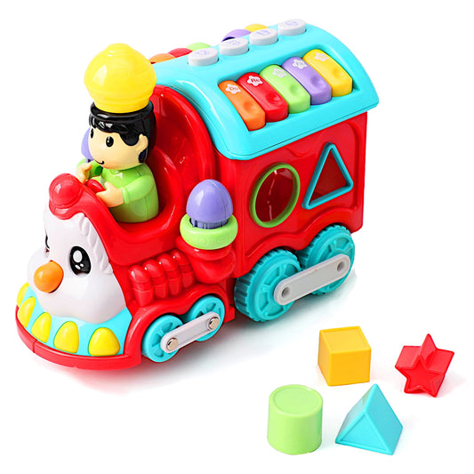 Toddler Learning Train, Facial Musical Locomotive Rolling Engine, Kids Flash Rail Cargo, Baby Cartoon Push Carriage, Boys Girls Early Education Toy for Piano Animal-Sound Shape Color Count