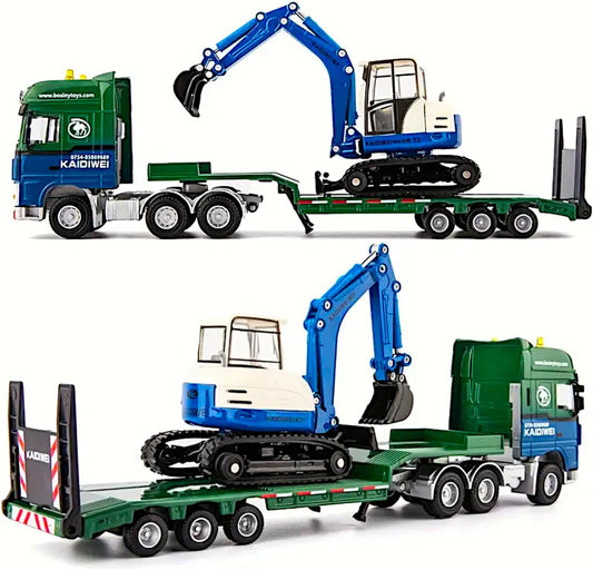 Diecast 2pcs Alloy Forge Construction Vehicle Play Set 1/50, Semi-Truck Trailer, Crawler Excavator, Metal Tractor Model, Action Toy Track Backhoe Loader, STEM Gifts Adult Hobby