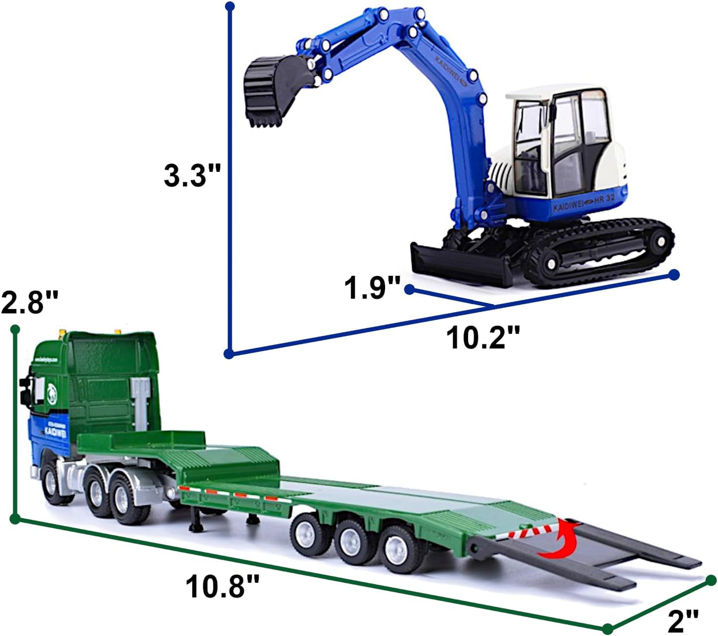 Diecast 2pcs Alloy Forge Construction Vehicle Play Set 1/50, Semi-Truck Trailer, Crawler Excavator, Metal Tractor Model, Action Toy Track Backhoe Loader, STEM Gifts Adult Hobby