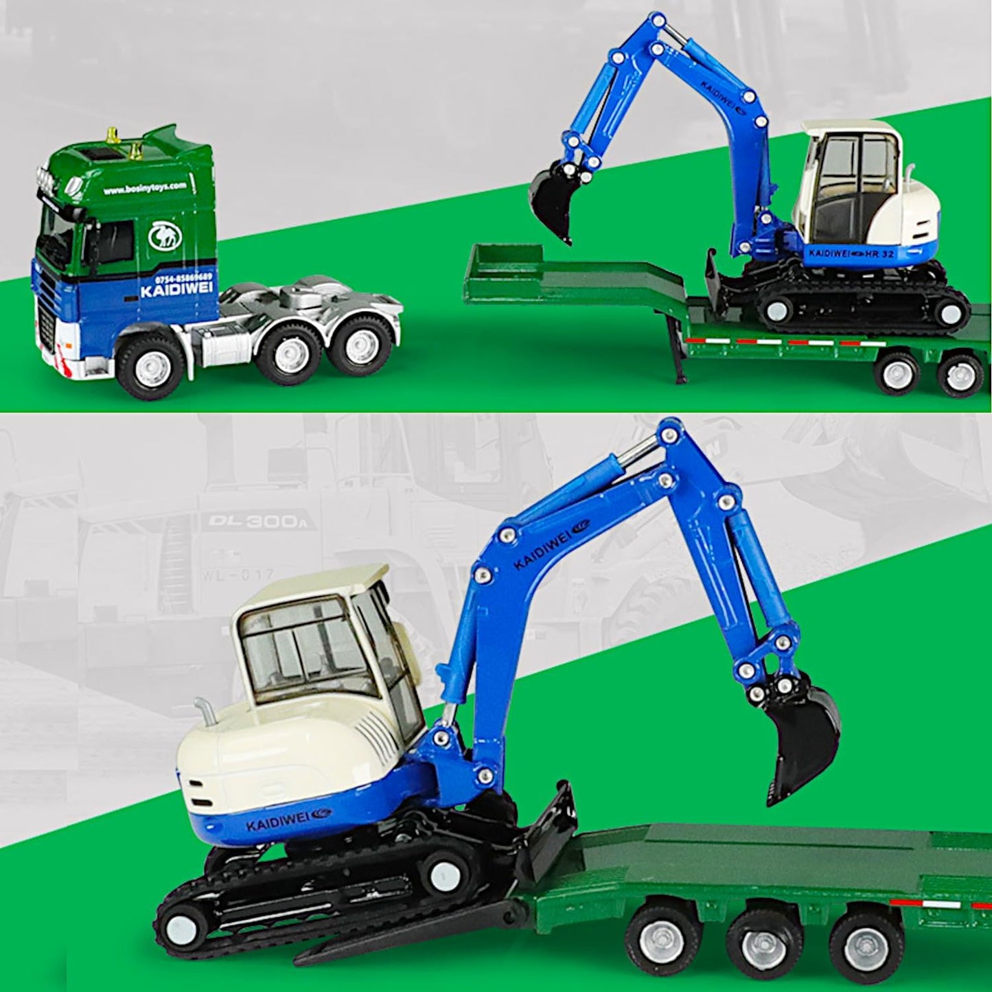 Diecast 2pcs Alloy Forge Construction Vehicle Play Set 1/50, Semi-Truck Trailer, Crawler Excavator, Metal Tractor Model, Action Toy Track Backhoe Loader, STEM Gifts Adult Hobby