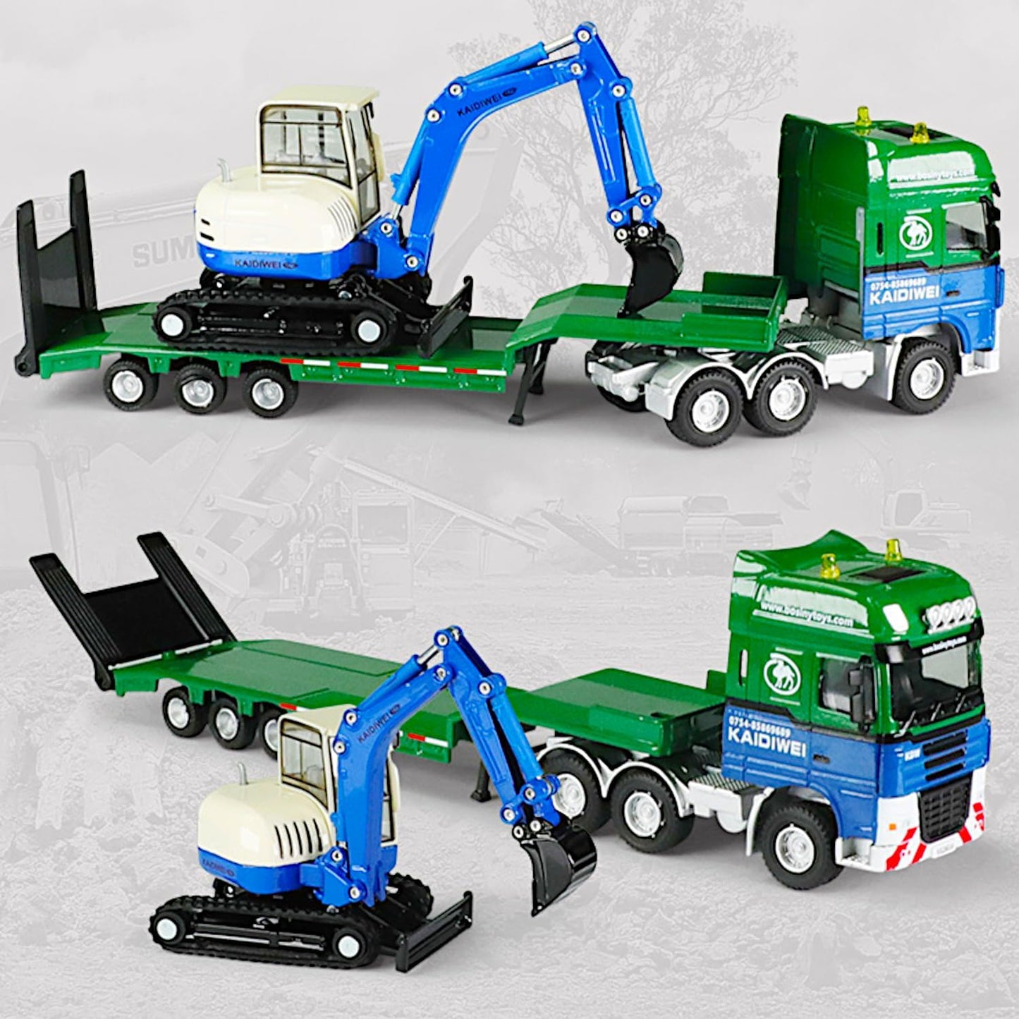 Diecast 2pcs Alloy Forge Construction Vehicle Play Set 1/50, Semi-Truck Trailer, Crawler Excavator, Metal Tractor Model, Action Toy Track Backhoe Loader, STEM Gifts Adult Hobby