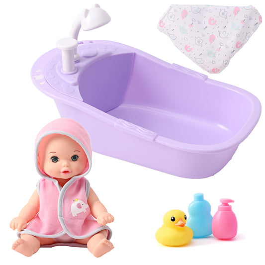 POCO DIVO Cherub Doll 7pcs Bathtub Play Set, 8-inch Toddler Girl Water Spraying Shower Kits, Newborn Infant Toy Baby with Pajamas