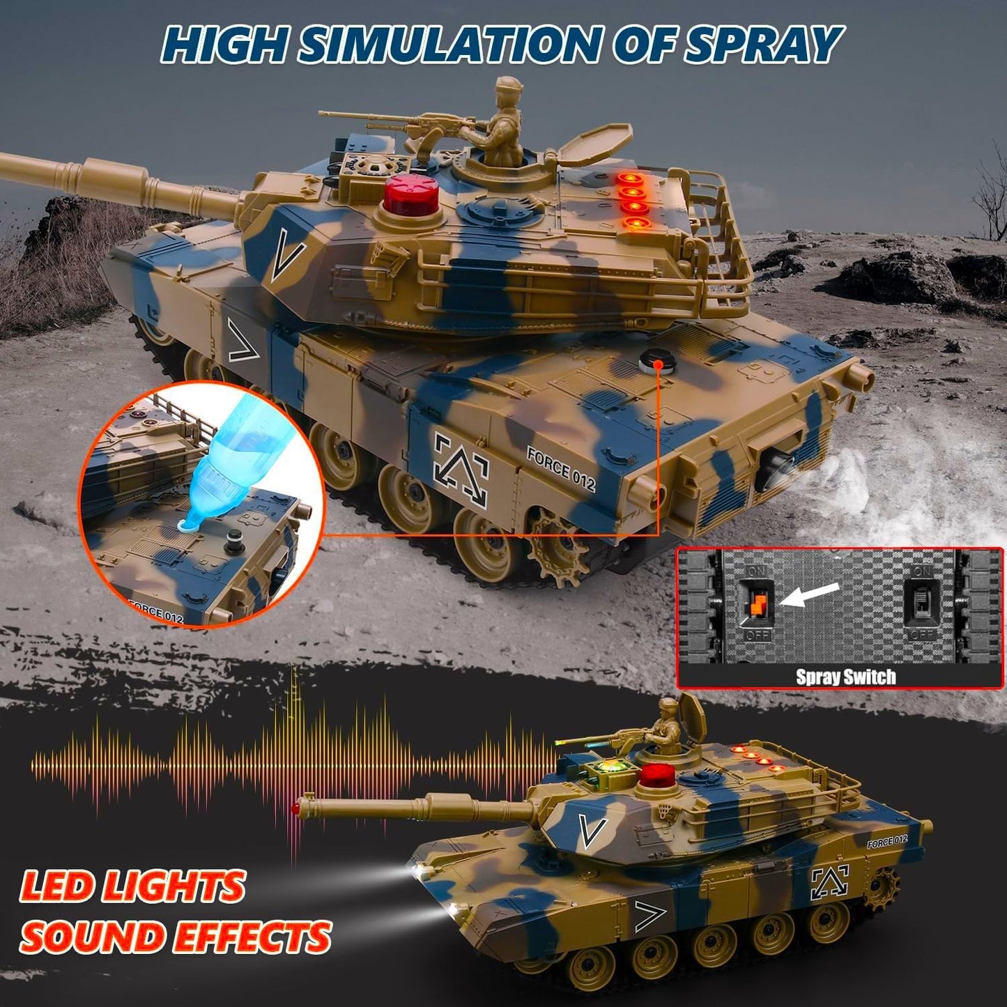 US Army M1A2 Abrams Main Battle Tank, 1/24 RTR RC Armored Fighting Vehicle, 2.4Ghz Infrared-Combat Demo-Play, Smoke Sound Light Recoil Toy, Kids Gift Adult MBT Military Model, Desert Camo