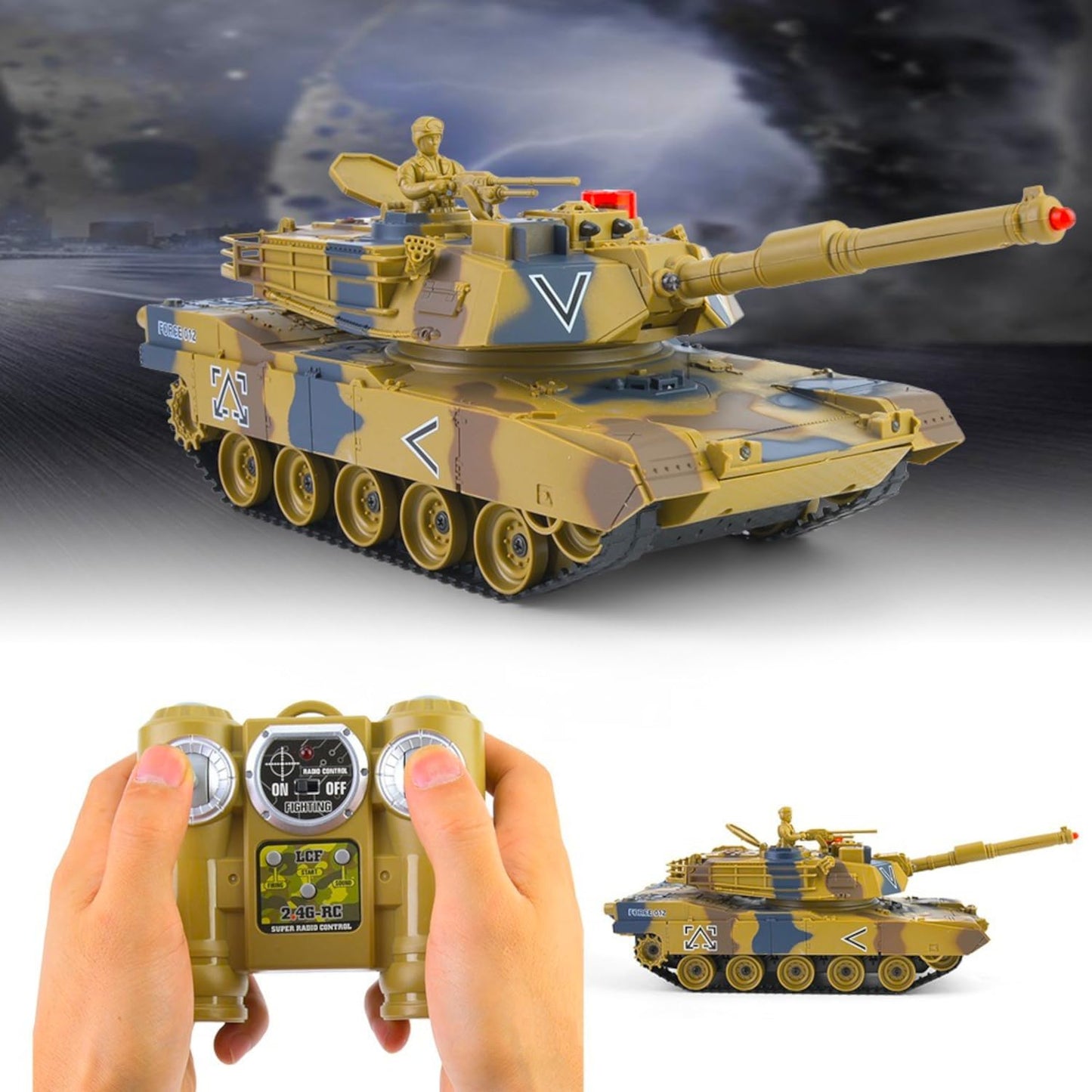 US Army M1A2 Abrams Main Battle Tank, 1/24 RTR RC Armored Fighting Vehicle, 2.4Ghz Infrared-Combat Demo-Play, Smoke Sound Light Recoil Toy, Kids Gift Adult MBT Military Model, Desert Camo