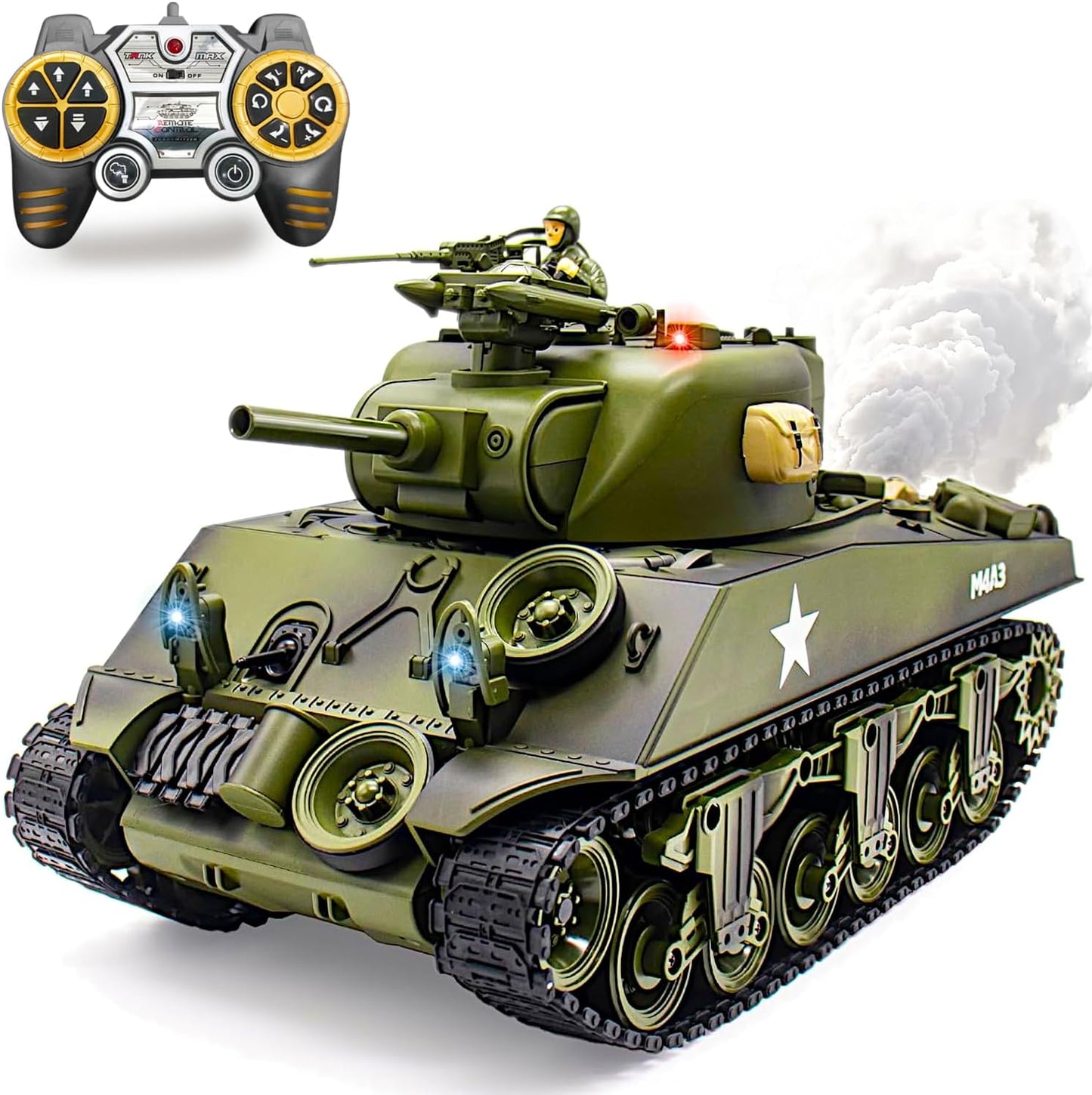1/18 RTR RC Armored Fighting Vehicle, Smoke Sound Light Recoil, 2.4Ghz Vibration Controller, Military Model Classic