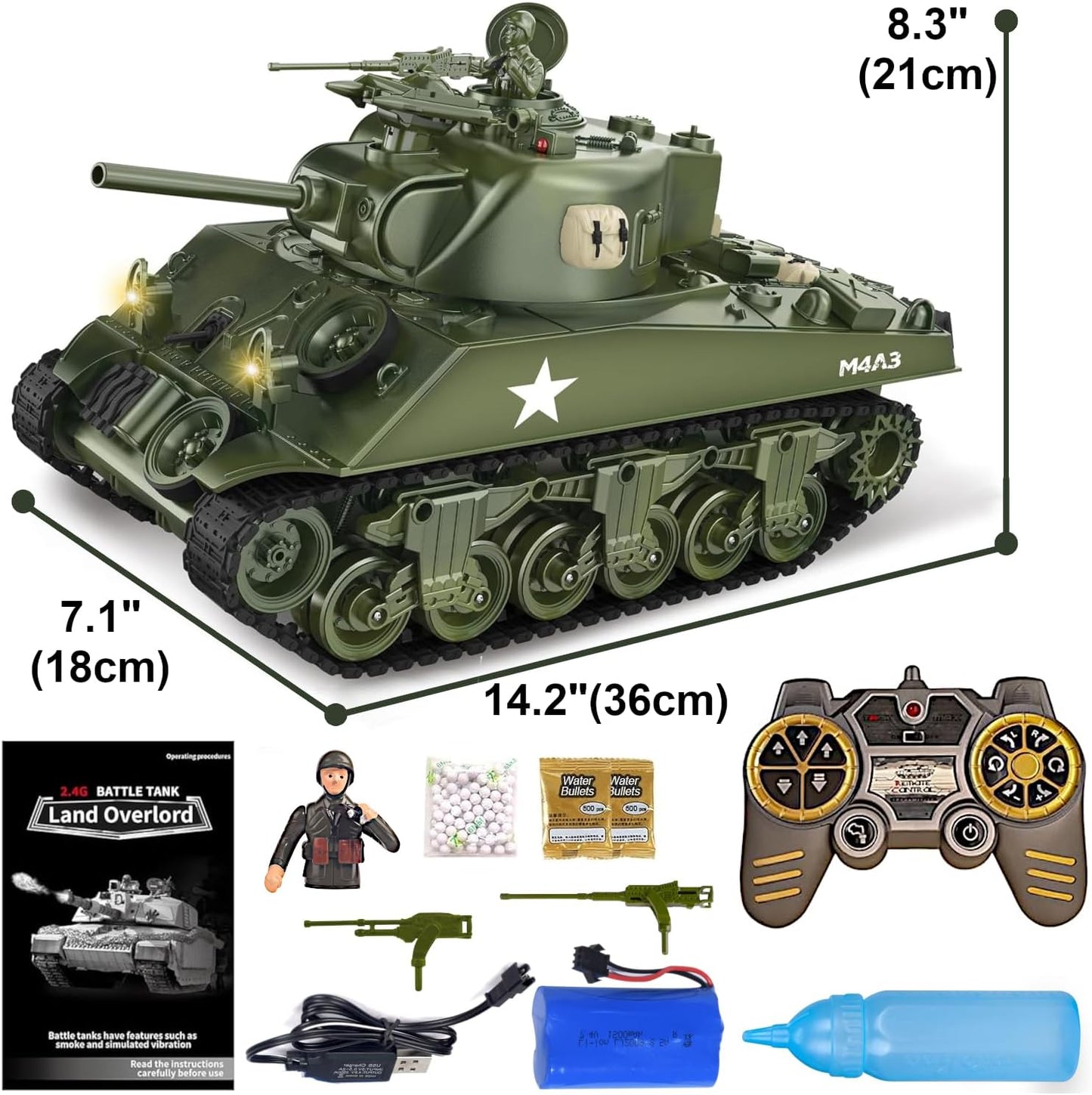 1/18 RTR RC Armored Fighting Vehicle, Smoke Sound Light Recoil, 2.4Ghz Vibration Controller, Military Model Classic
