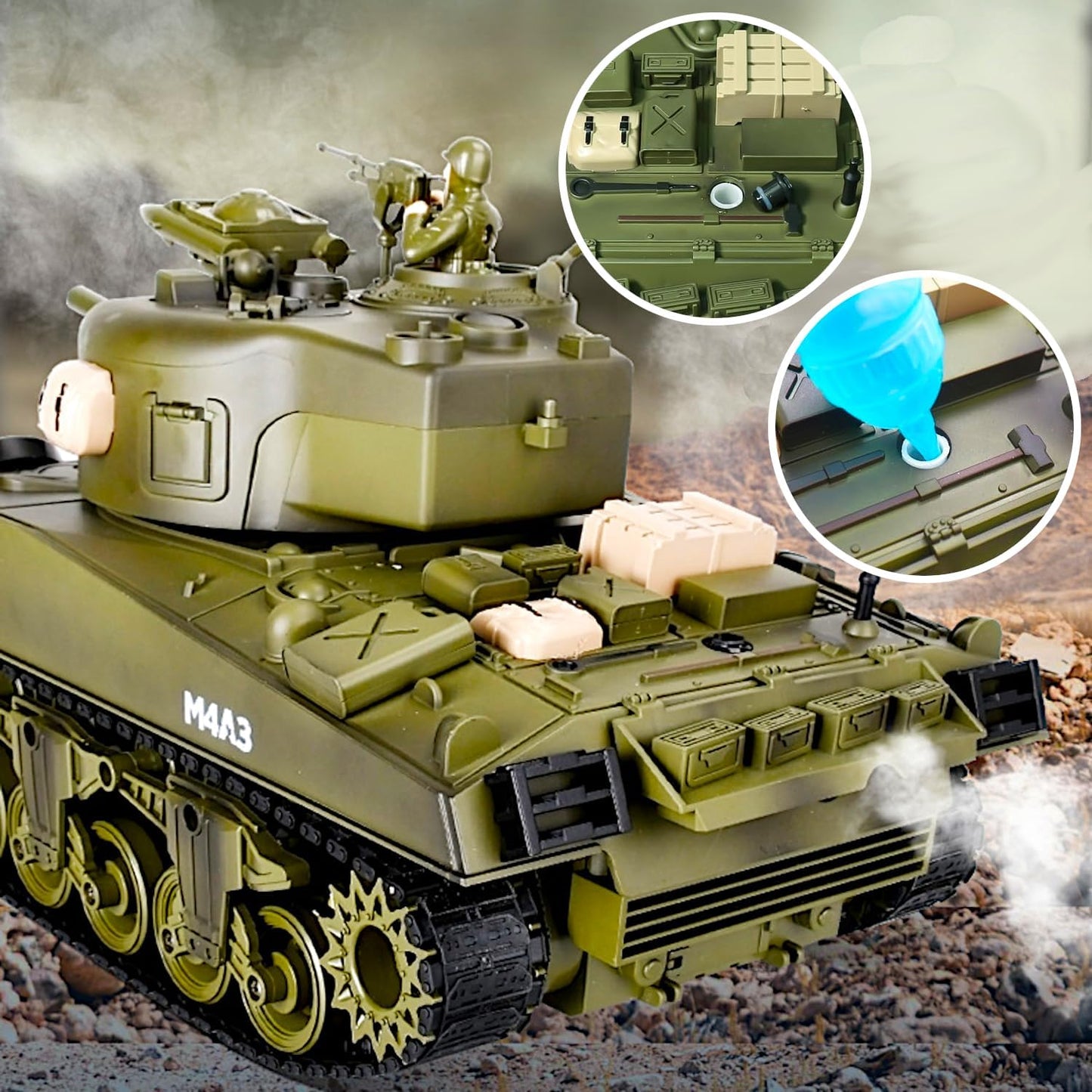 1/18 RTR RC Armored Fighting Vehicle, Smoke Sound Light Recoil, 2.4Ghz Vibration Controller, Military Model Classic