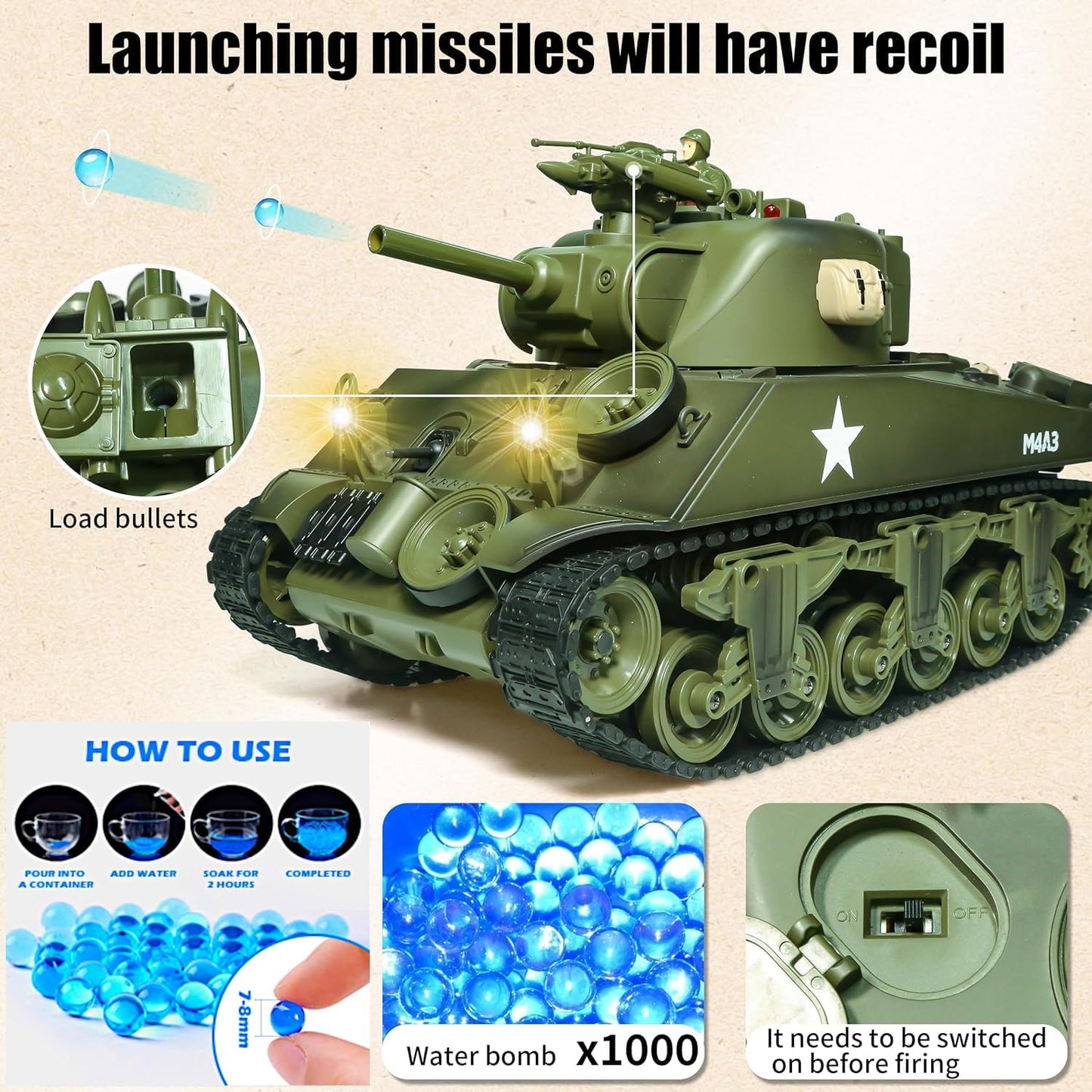1/18 RTR RC Armored Fighting Vehicle, Smoke Sound Light Recoil, 2.4Ghz Vibration Controller, Military Model Classic