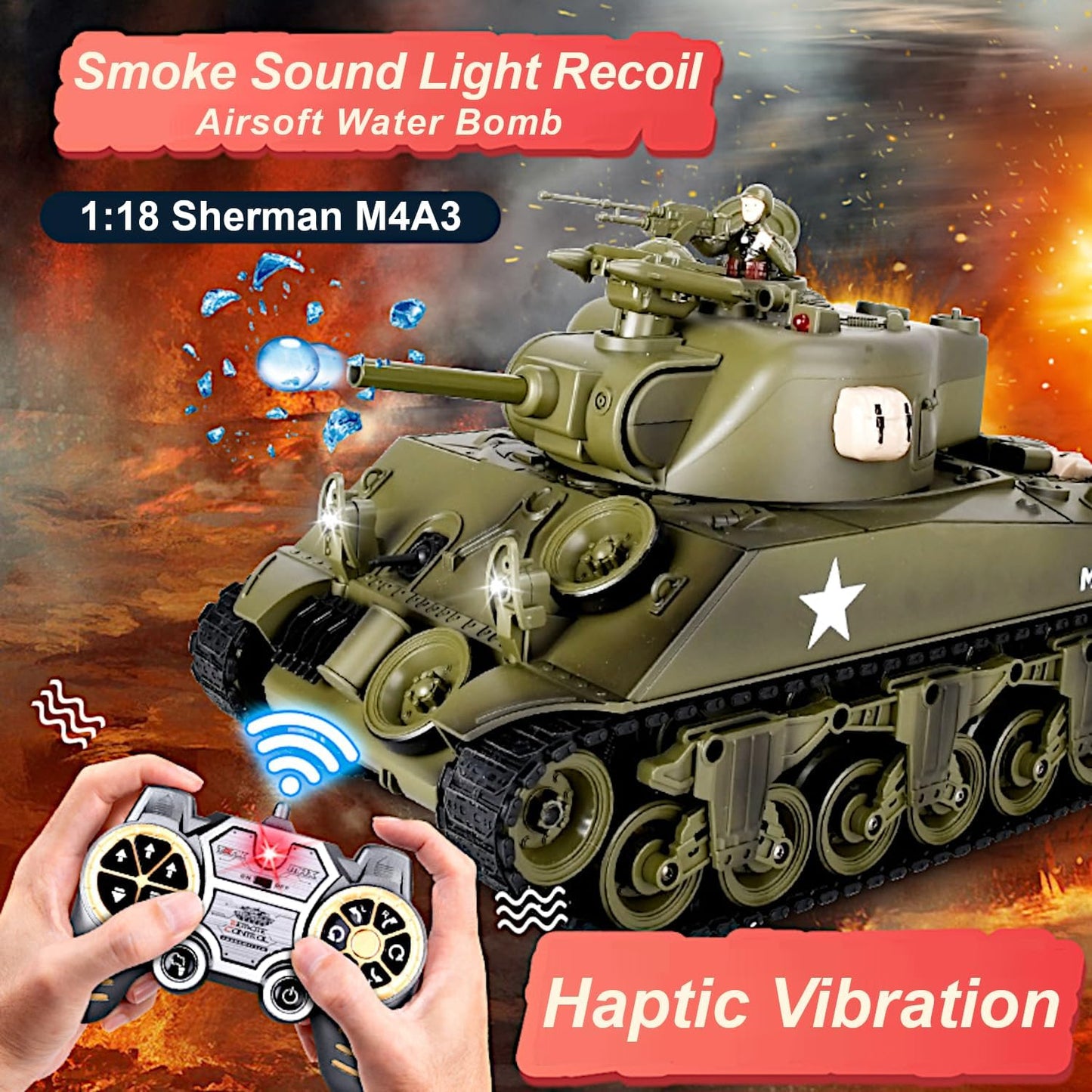 1/18 RTR RC Armored Fighting Vehicle, Smoke Sound Light Recoil, 2.4Ghz Vibration Controller, Military Model Classic