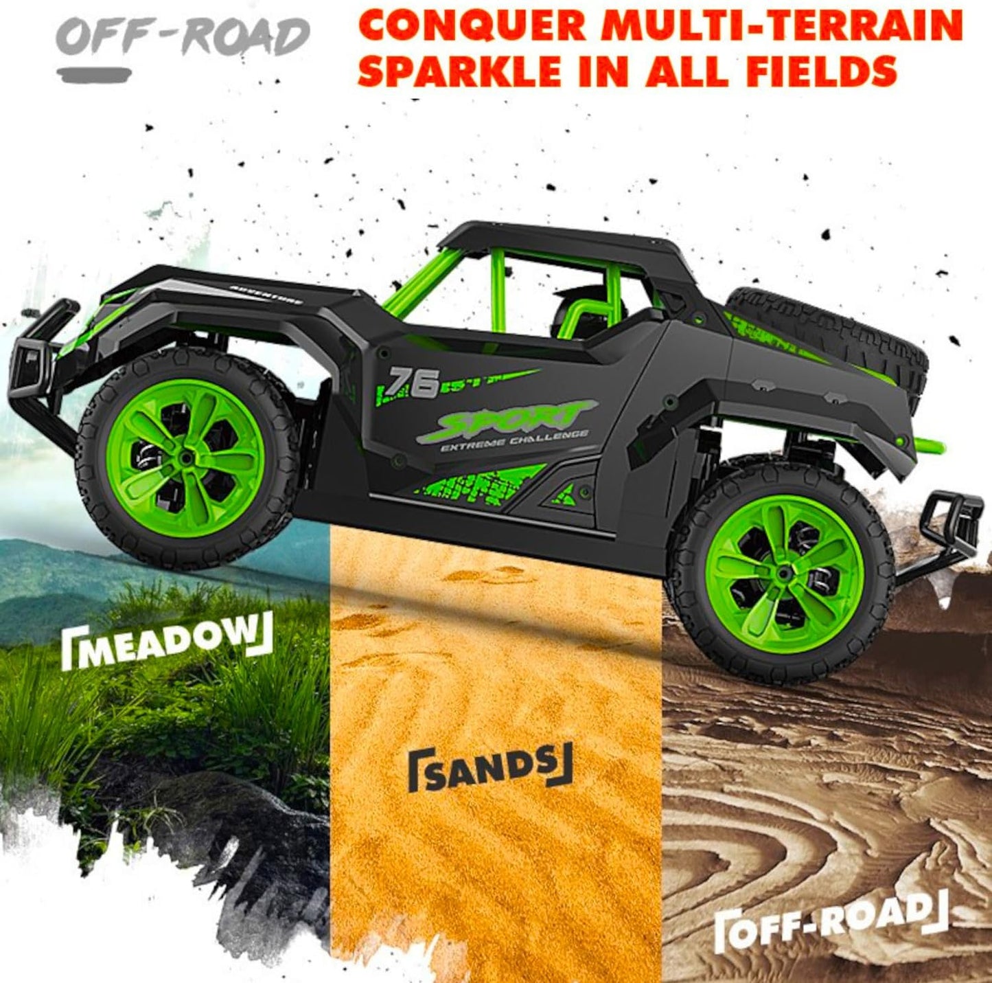 1/16 RC Off-Road 4WD Buggy, Radio Remote Control Racing Speed 25kmph Sports Vehicle, 12” All Terrain Toy LED UTV Adventure Truck with Spare Tire Perfect for Birthday and Christmas Gifts