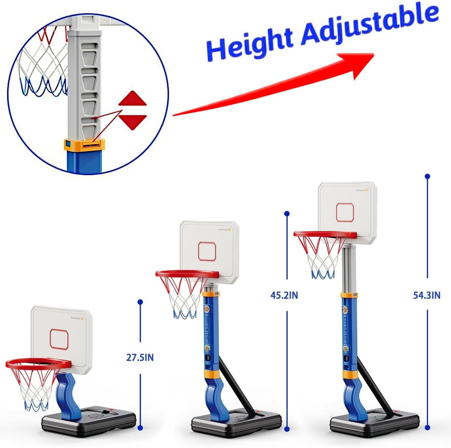 Kids Basketball Hoop, Adjustable Height Goal Board Stand, Indoor Outdoor Toddler Classic Sports, Mini Portable Backyard Game 4-Balls Set, Boy Girl Toy Gift Adult Poolside Party Play, Blue