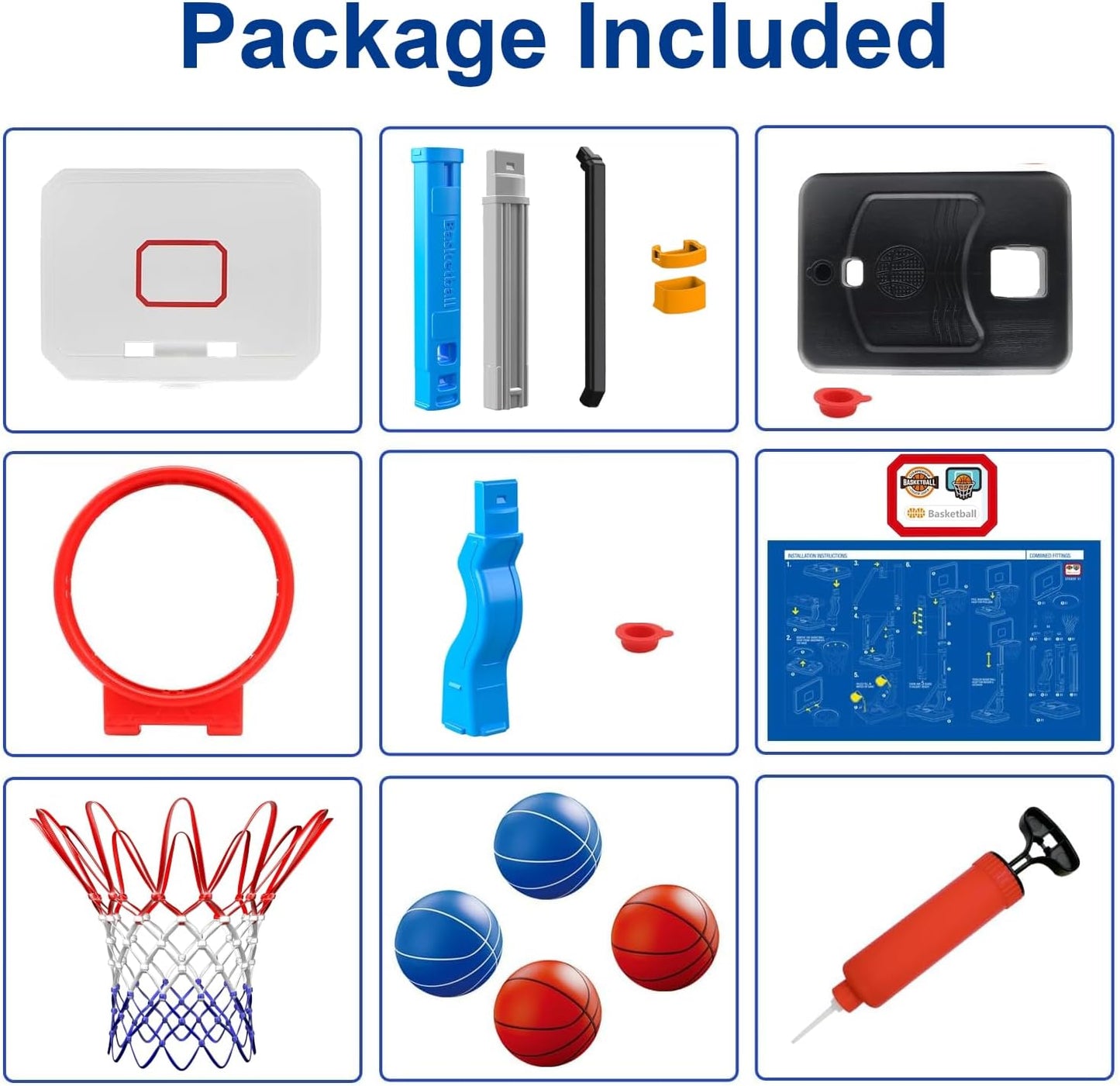 Kids Basketball Hoop, Adjustable Height Goal Board Stand, Indoor Outdoor Toddler Classic Sports, Mini Portable Backyard Game 4-Balls Set, Boy Girl Toy Gift Adult Poolside Party Play, Blue