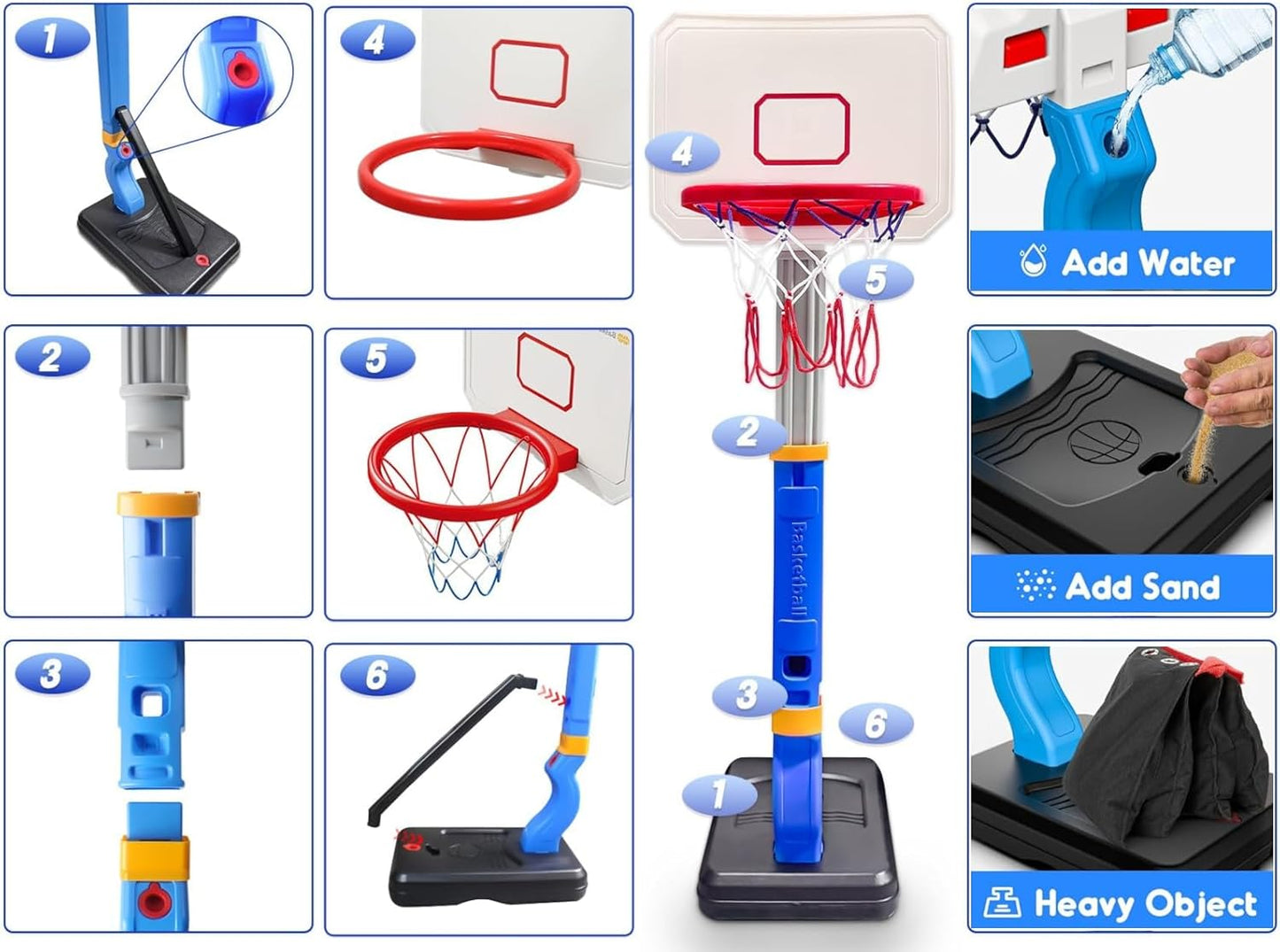 Kids Basketball Hoop, Adjustable Height Goal Board Stand, Indoor Outdoor Toddler Classic Sports, Mini Portable Backyard Game 4-Balls Set, Boy Girl Toy Gift Adult Poolside Party Play, Blue