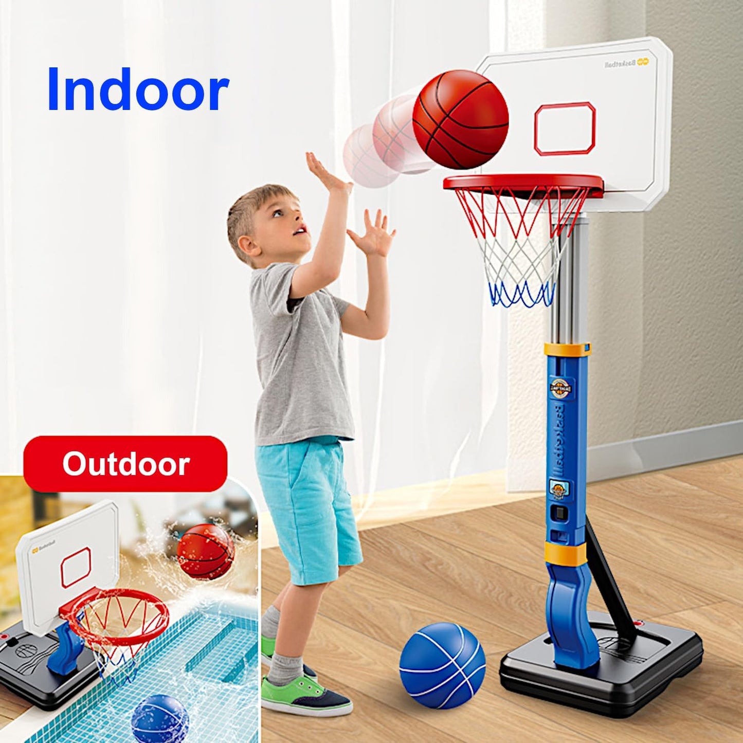 Kids Basketball Hoop, Adjustable Height Goal Board Stand, Indoor Outdoor Toddler Classic Sports, Mini Portable Backyard Game 4-Balls Set, Boy Girl Toy Gift Adult Poolside Party Play, Blue