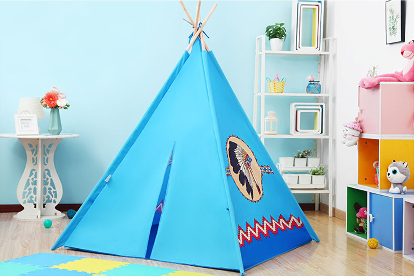 POCO DIVO Apache Turquoise Teepee Tent Canvas Finish Kids Indoor Playhouse Children Outdoor Play Castle Toy Tipi with Wooden Poles