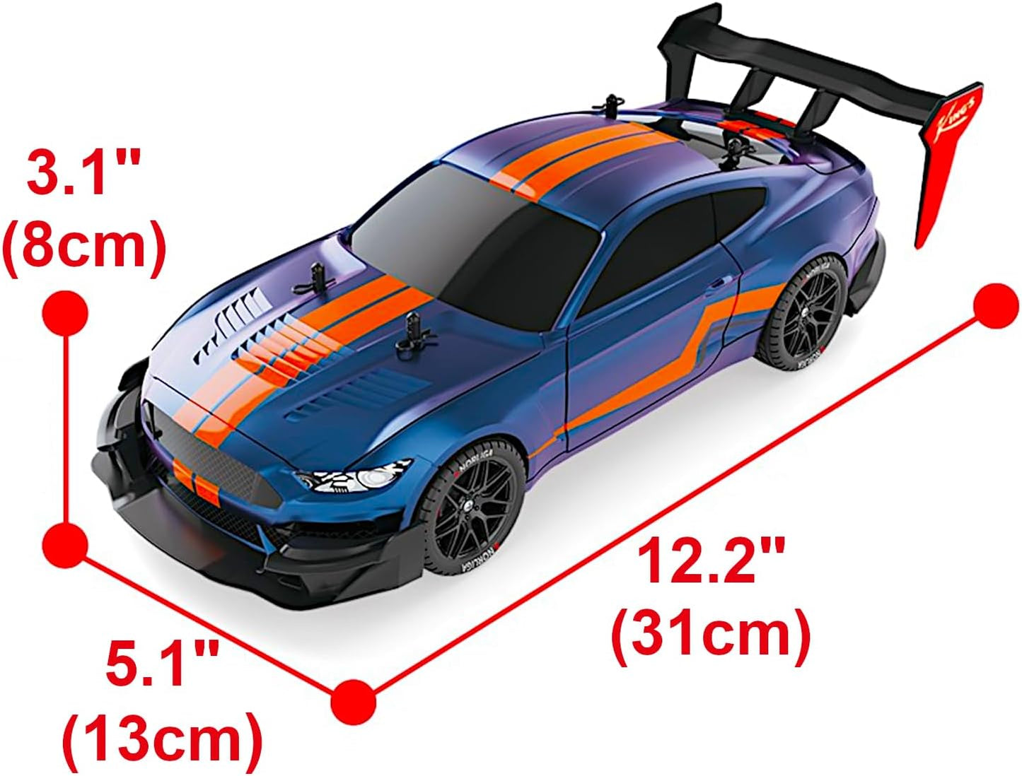 4WD Drift Racing Car, 1/14 RC Tail Wing Spoiler Racer, Radio Control High Speed 30kmph Vehicle, 12” Demo Play Sports LED Cars with Drifting Wheels and Racing Tires, Classic Gifts, Blue